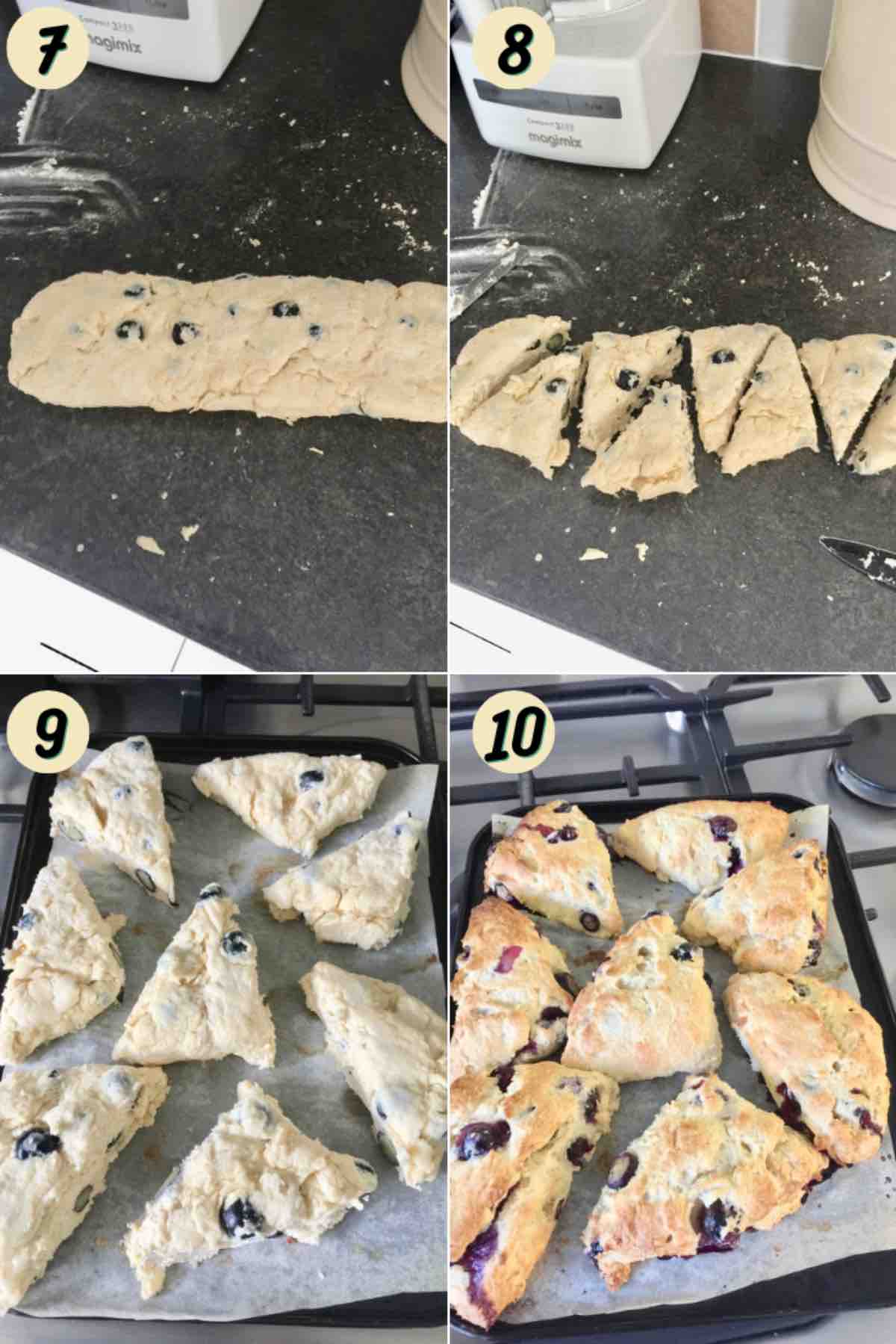 Cutting scones and before and after baking them.