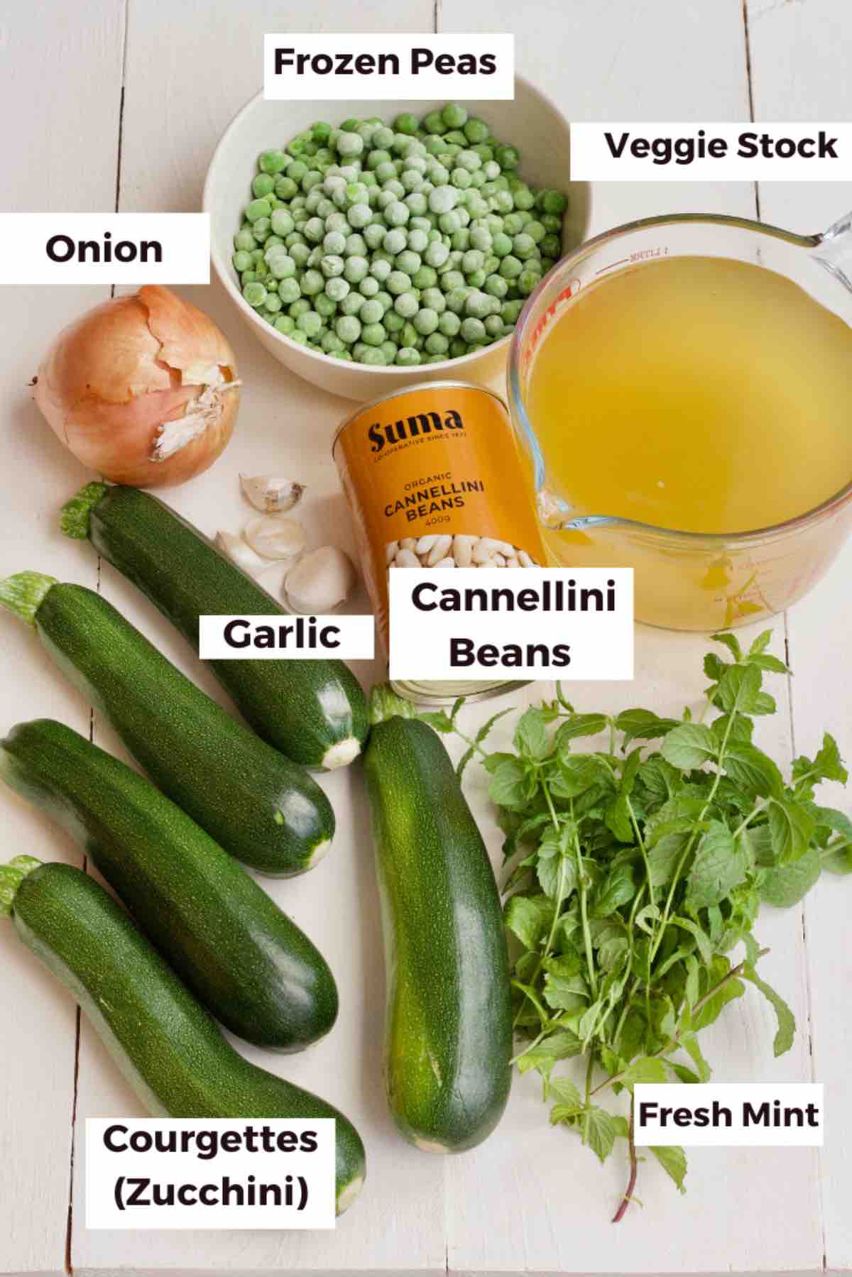 Ingredients for making courgette soup with peas and mint.