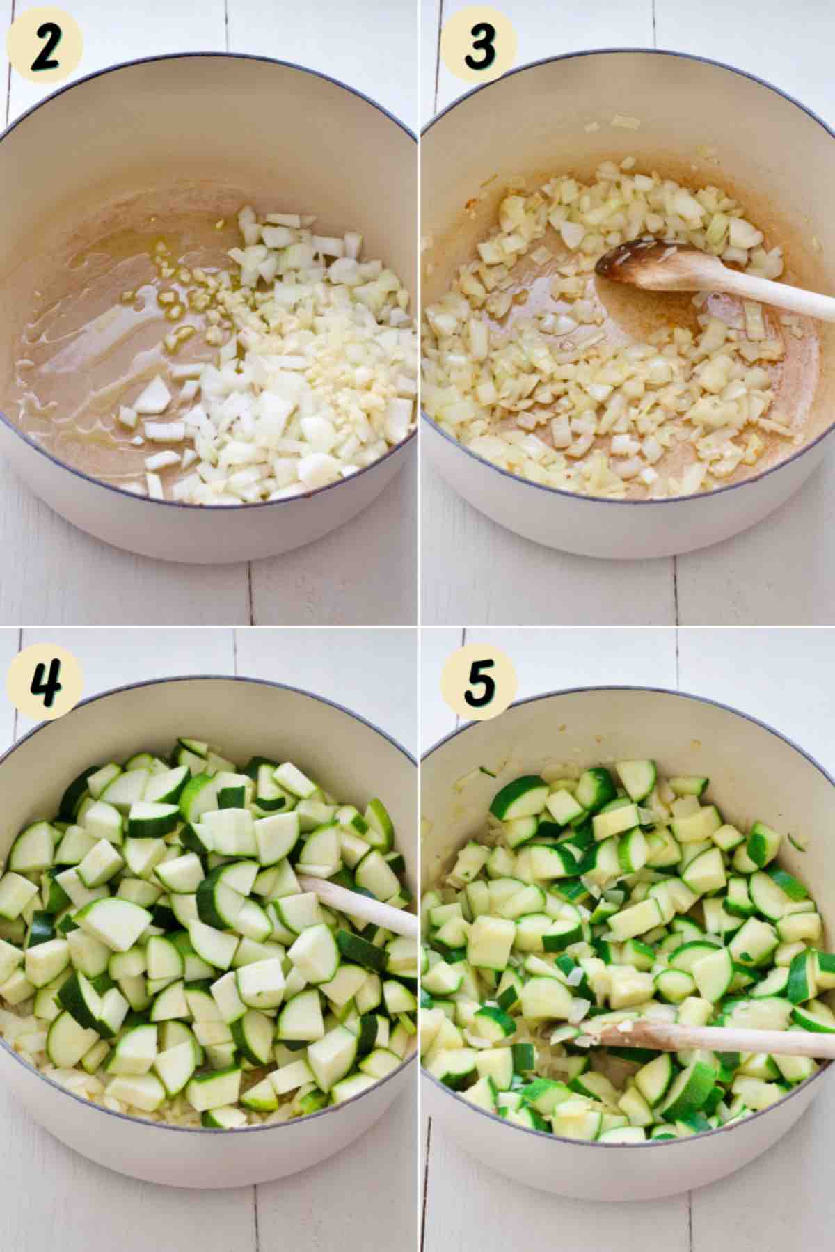 Pan frying onions and garlic and adding courgettes to the pot.