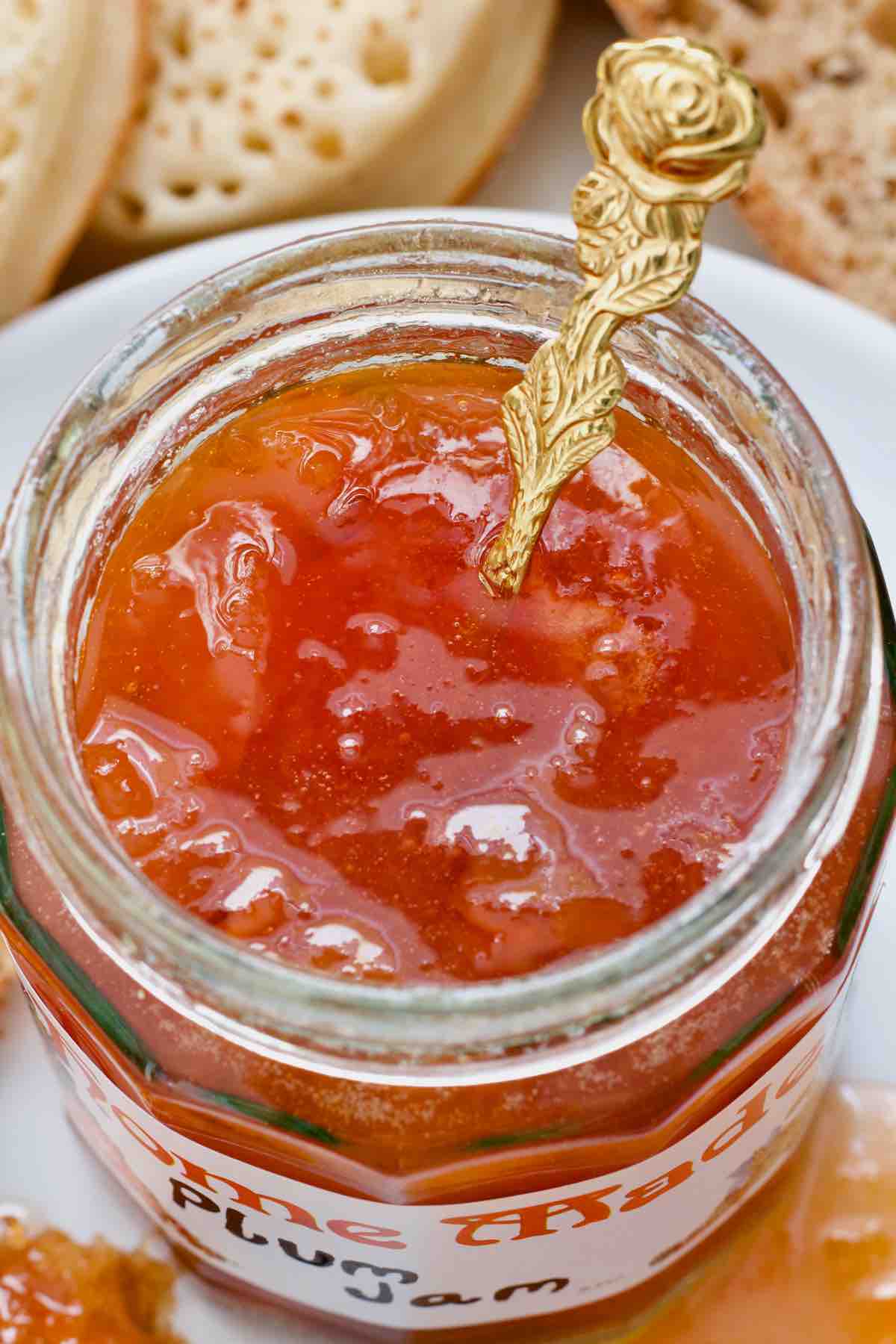 Spoon sticking out of the jam jar.