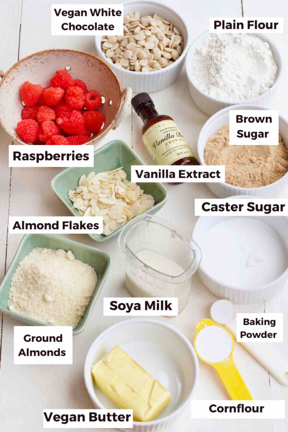 Ingredients for making white chocolate and raspberry blondies.