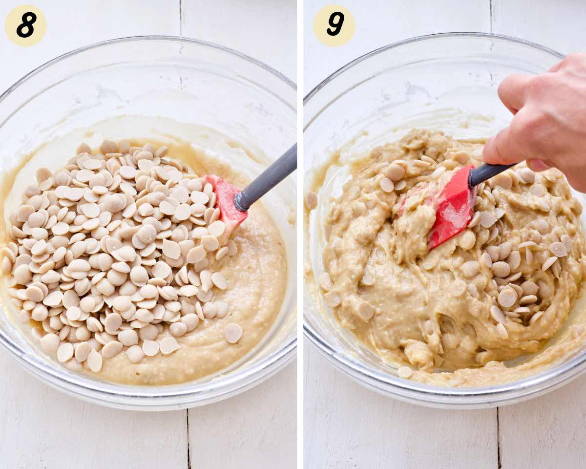 Mixing white chocolate chips into the batter.