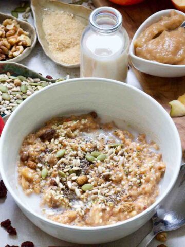 Close up of bowlful of apple and cinnamon porridge.