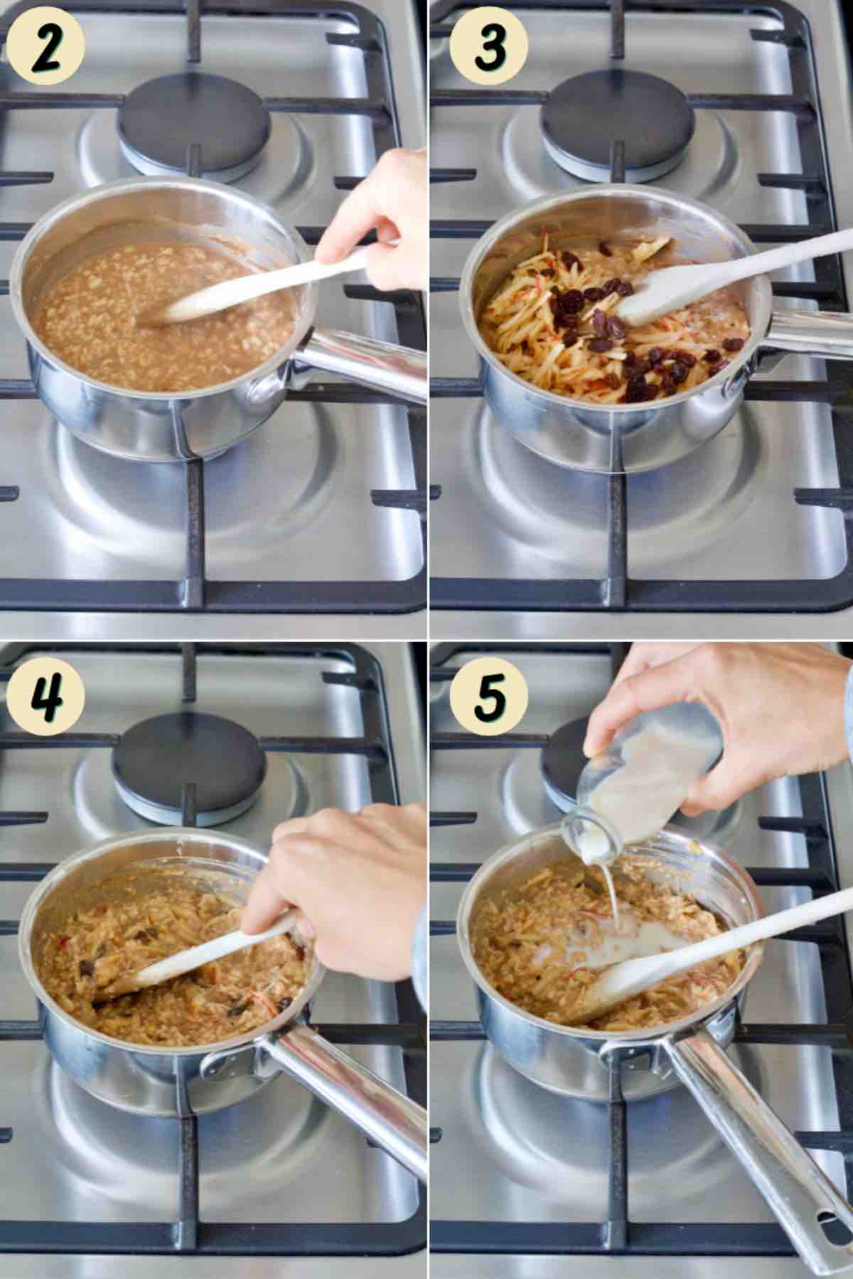 Process of making apple and cinnamon porridge on the stove.