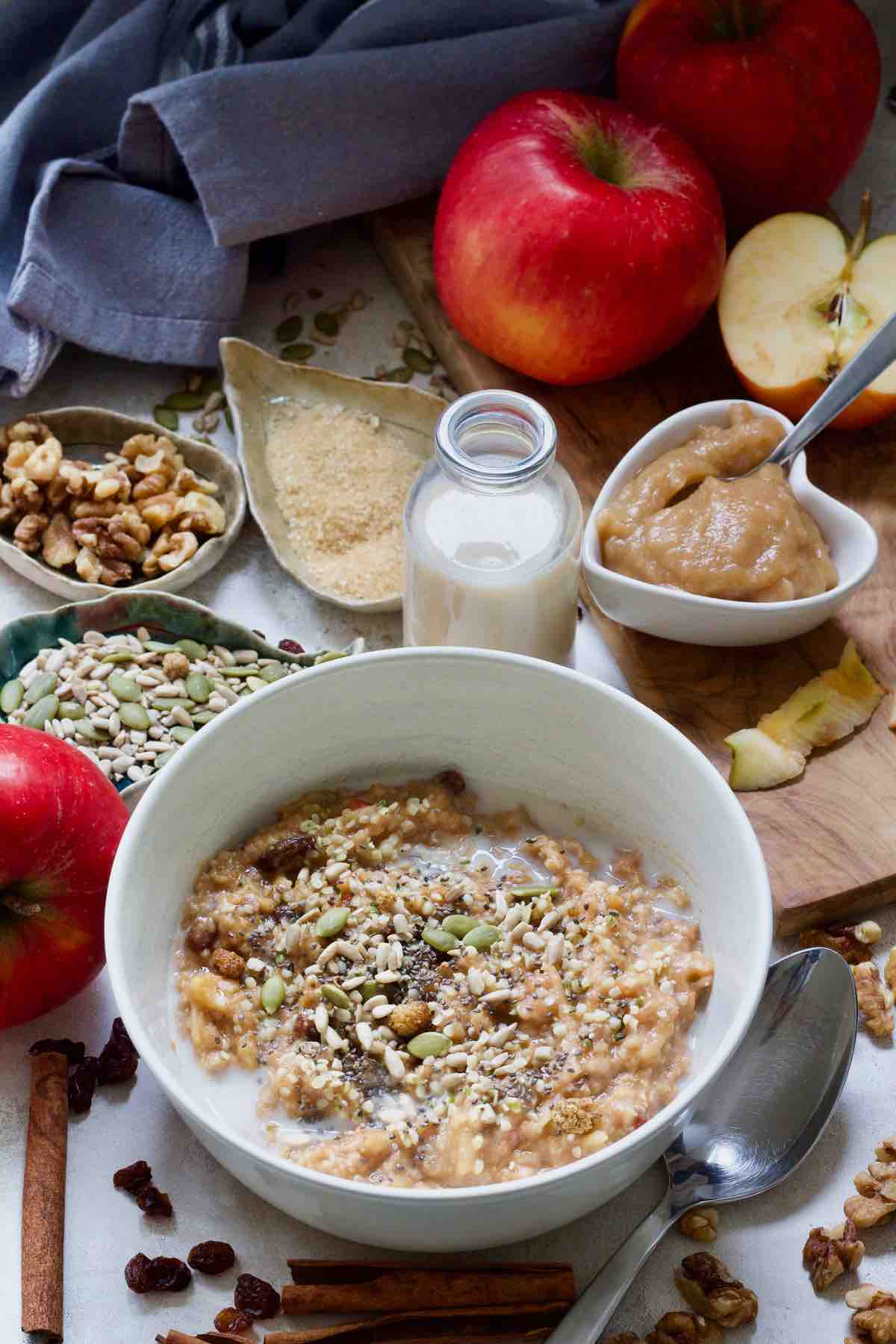 Bowl with apple and cinnamon porridge and array of toppings around it.
