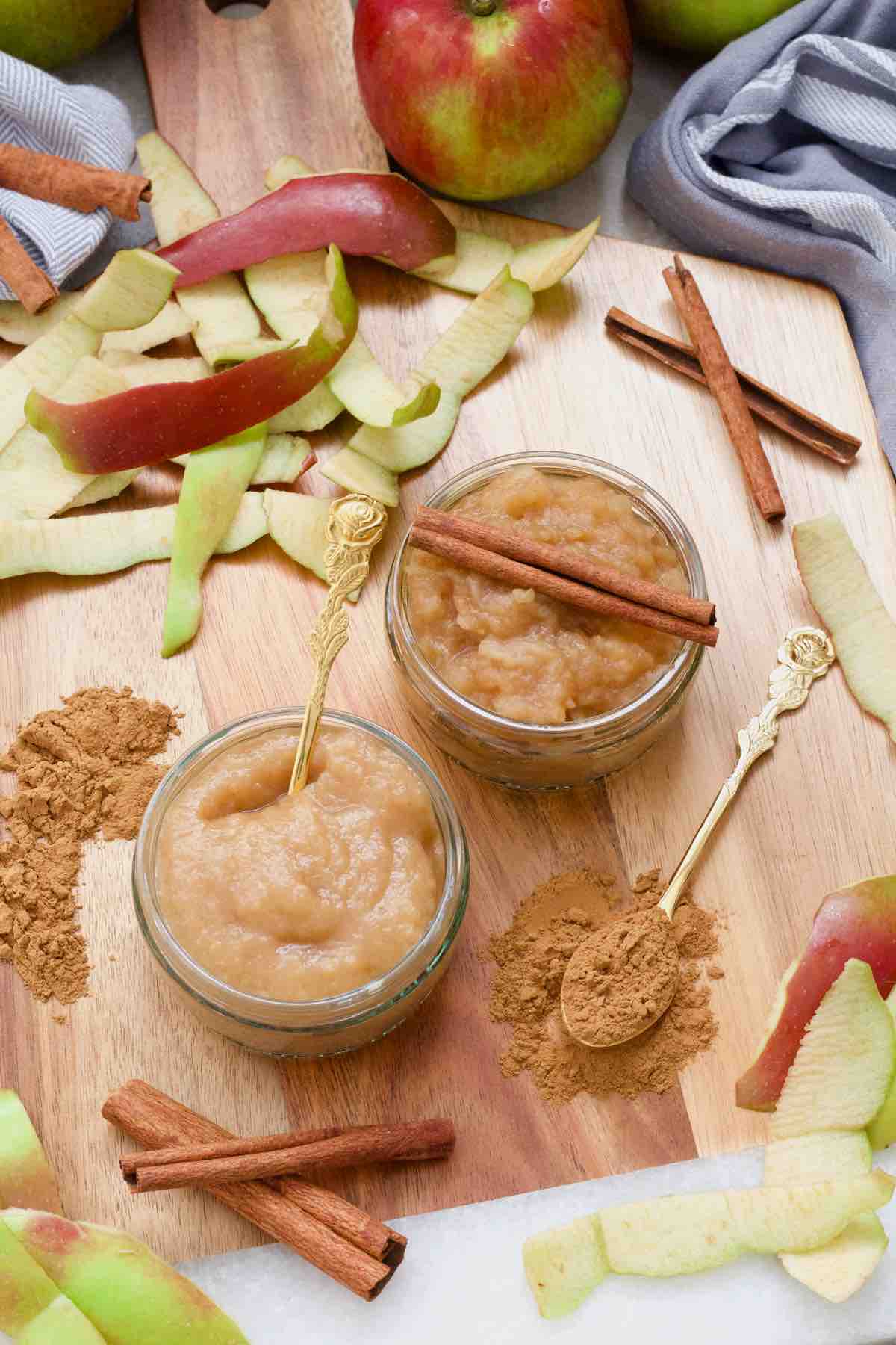 View from the top of bowls with apple puree.