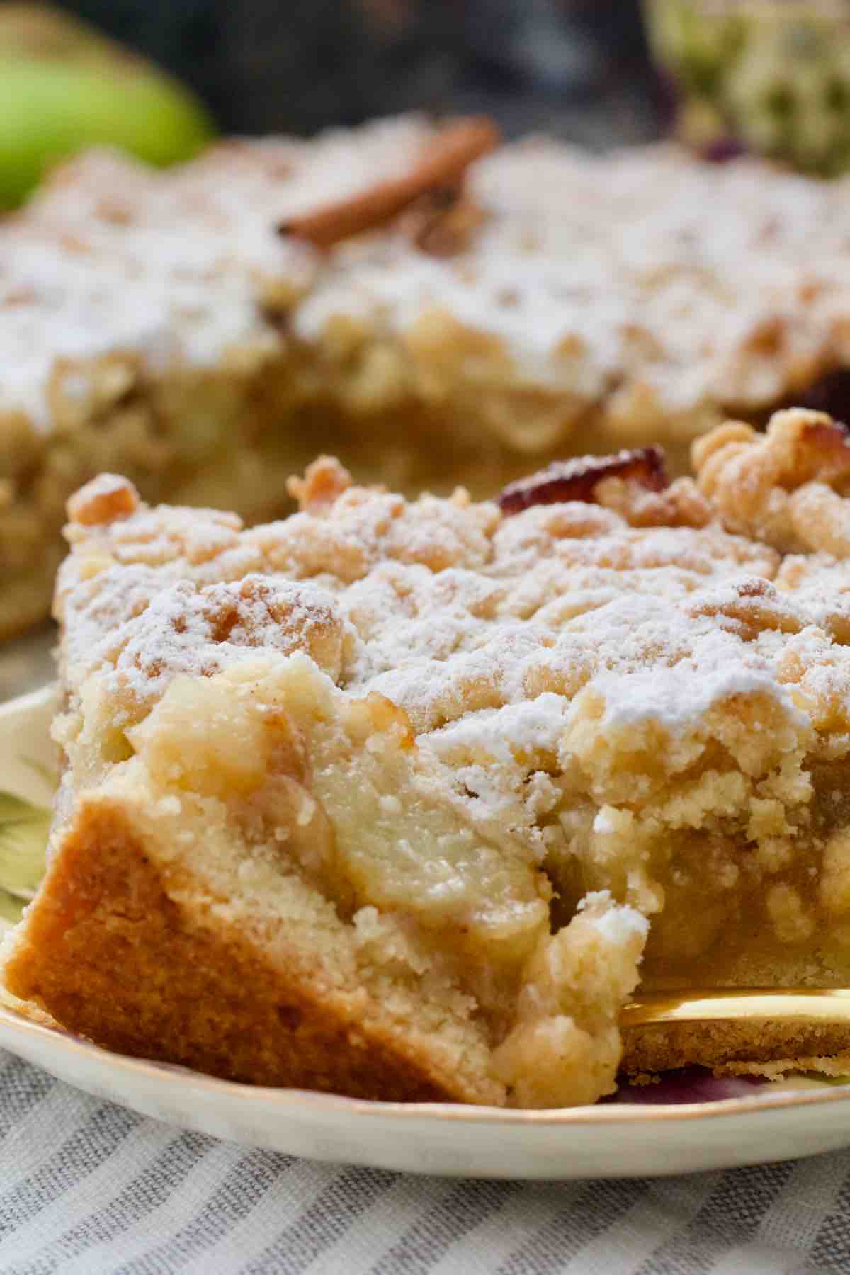 Slice of apple cake on the plate with close up of a forkful.