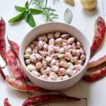 Close-up of podded borlotti beans in a bowl with pods and herbs around.