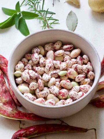 Close-up of podded borlotti beans in a bowl with pods and herbs around.