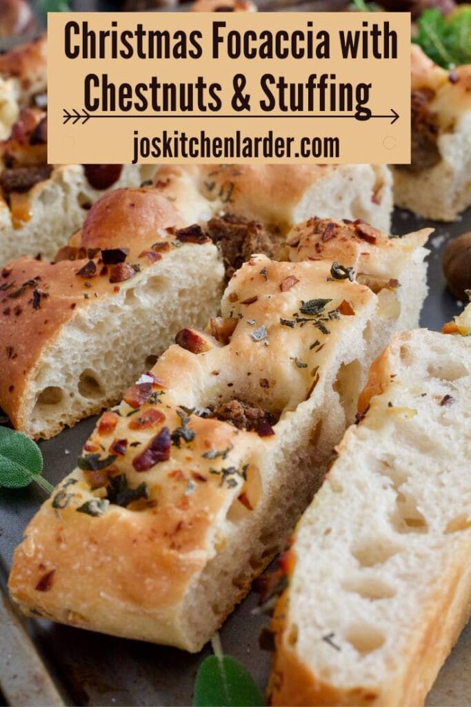 Focaccia slices close up.