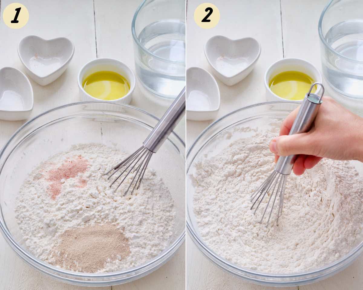 Adding salt and yeast to flour and mixing them in.