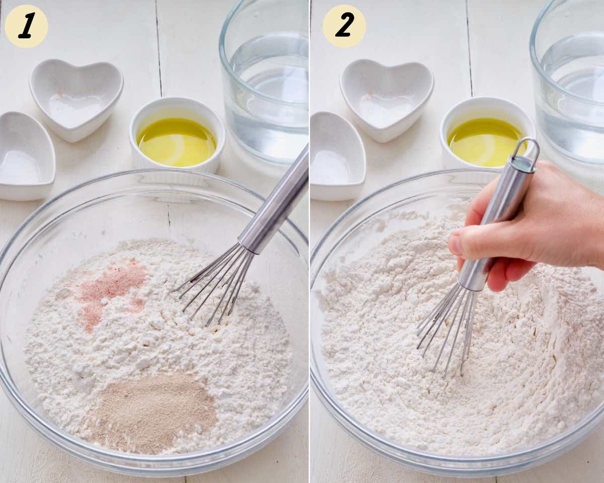 Adding salt and yeast to flour and mixing them in.