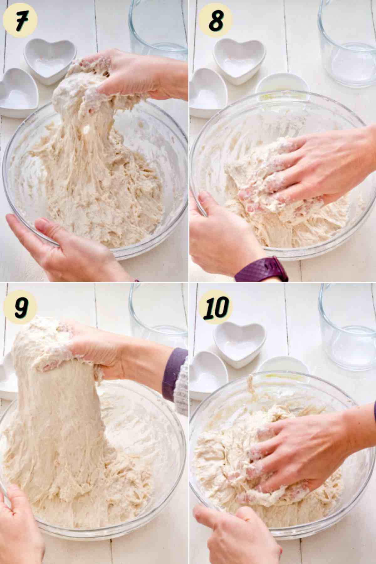 Performing series of stretches and folds on bread dough.
