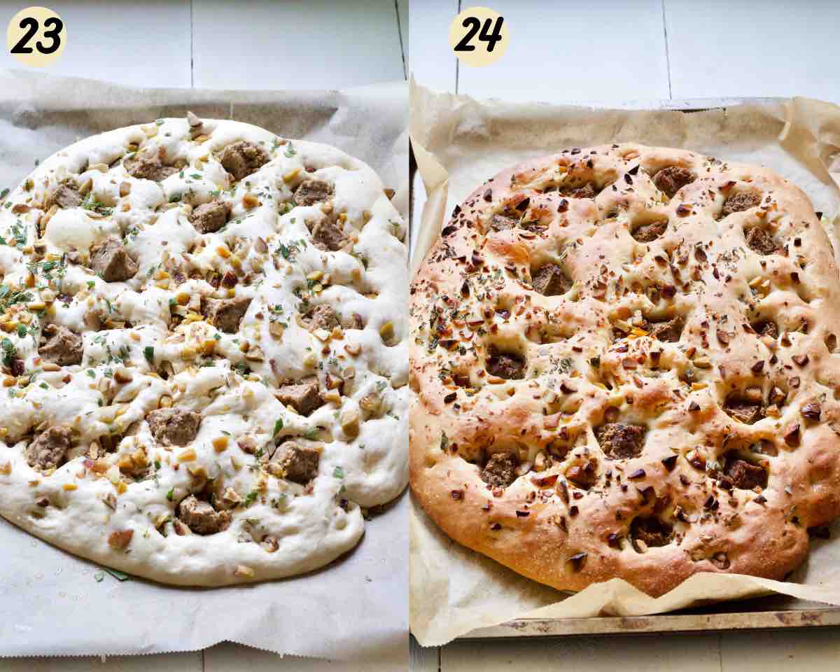 Focaccia before and after baking.