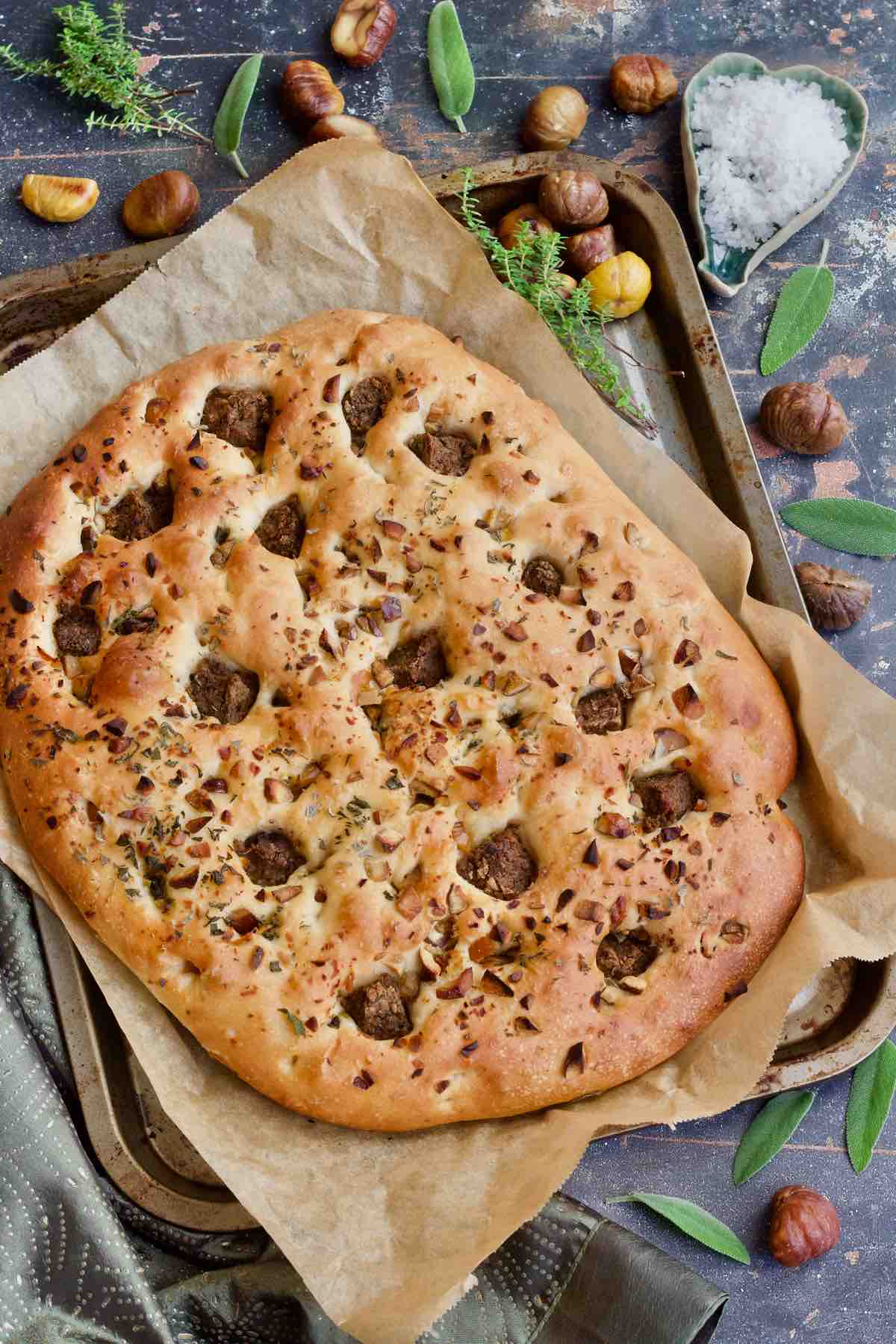 Christmas focaccia with chestnuts and stuffing.