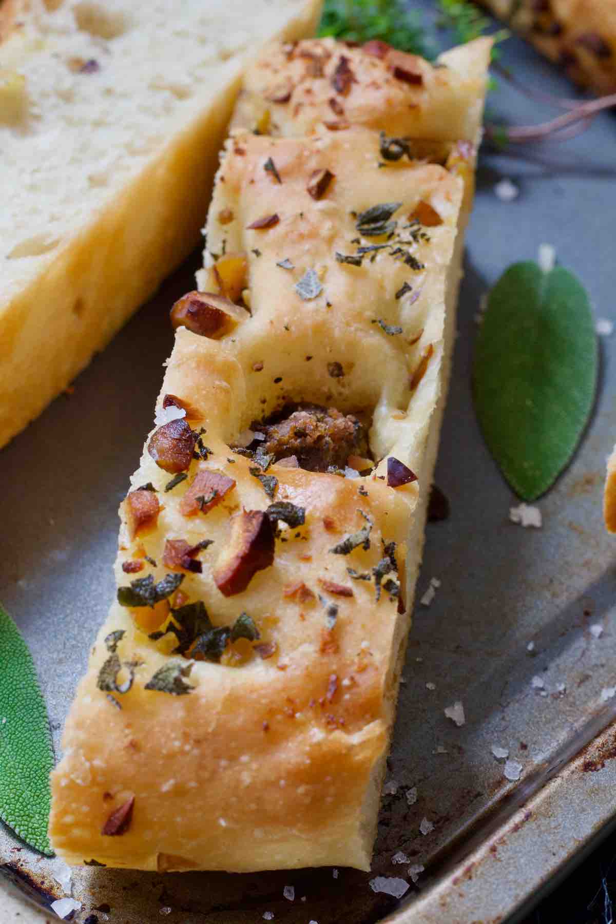 Close up of focaccia slice.