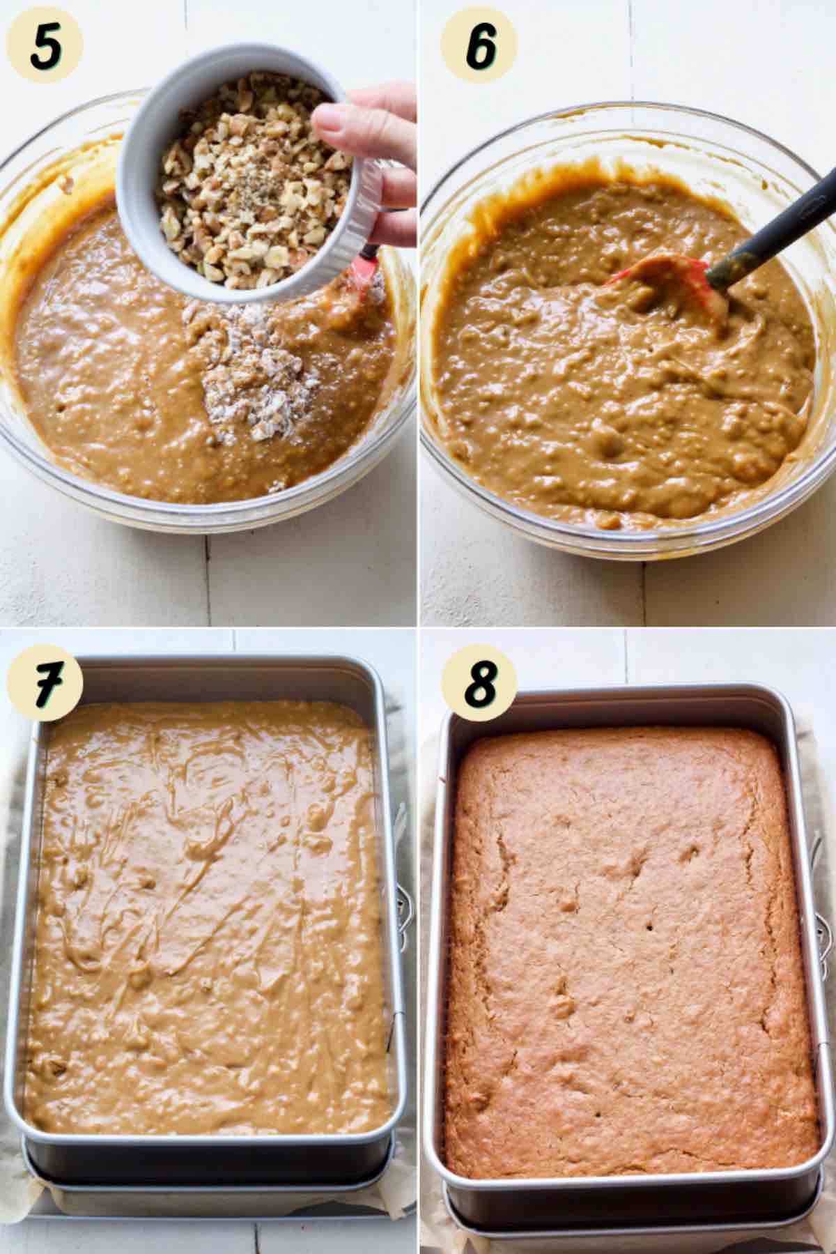 Adding walnuts to cake batter and cake before and after baking.