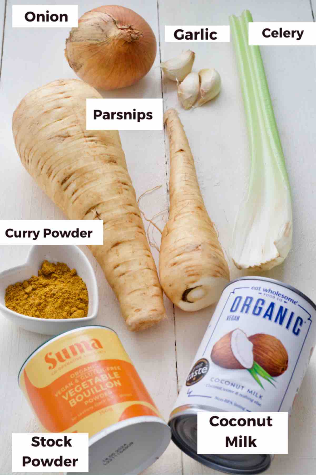 Ingredients for making curried parsnip soup.