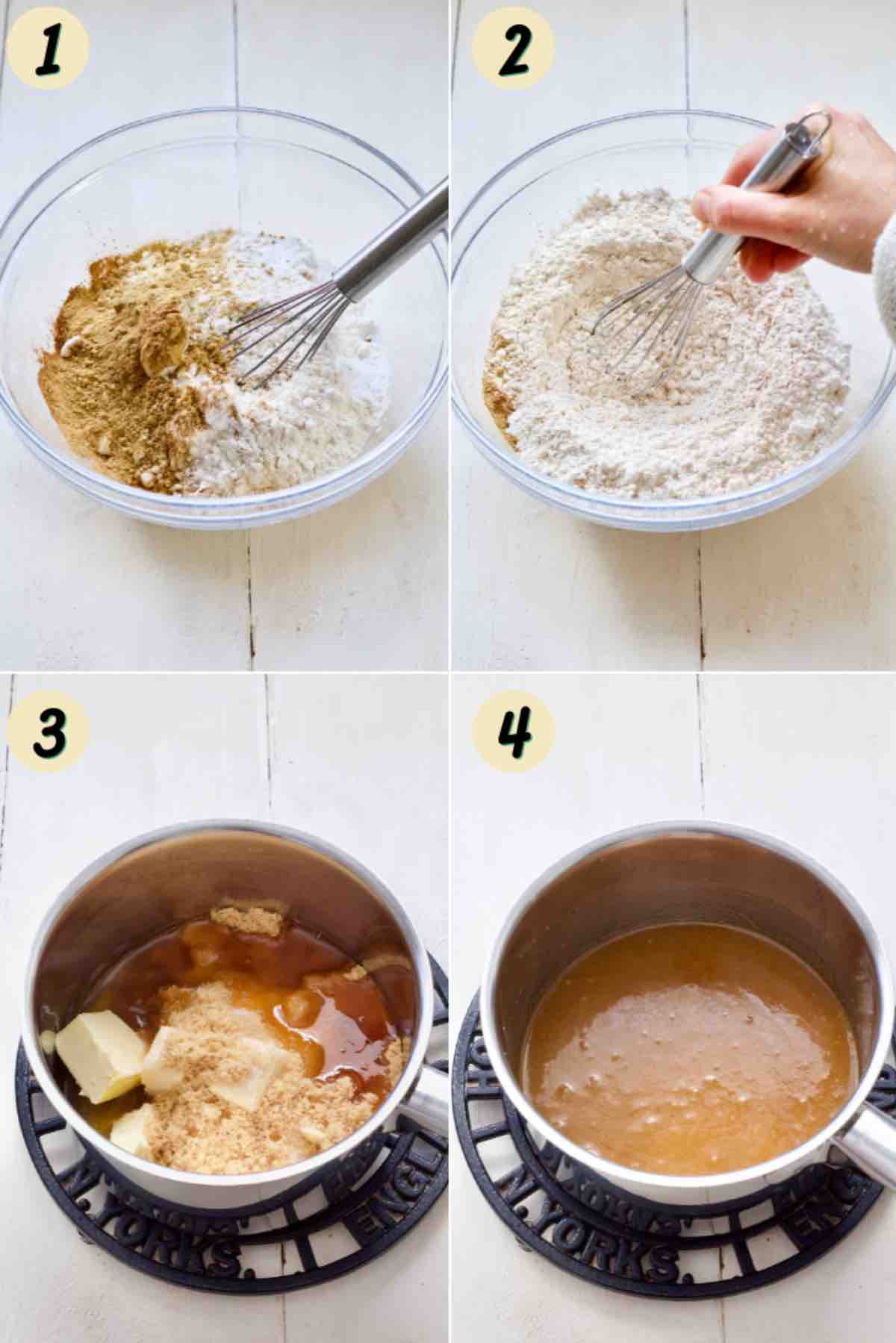 Process of preparing dry and wet ingredients for ginger biscuits.