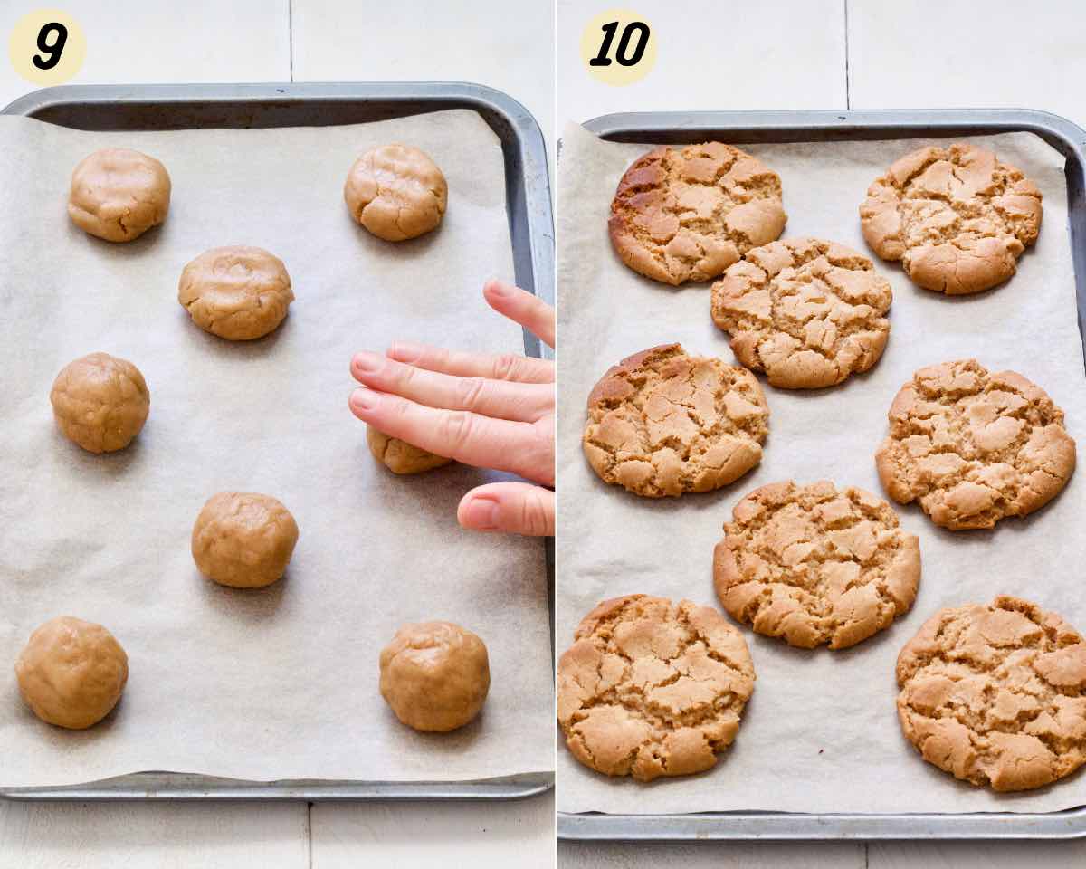 Hand flattening cookie dough on a tray before baking and baked cookies.