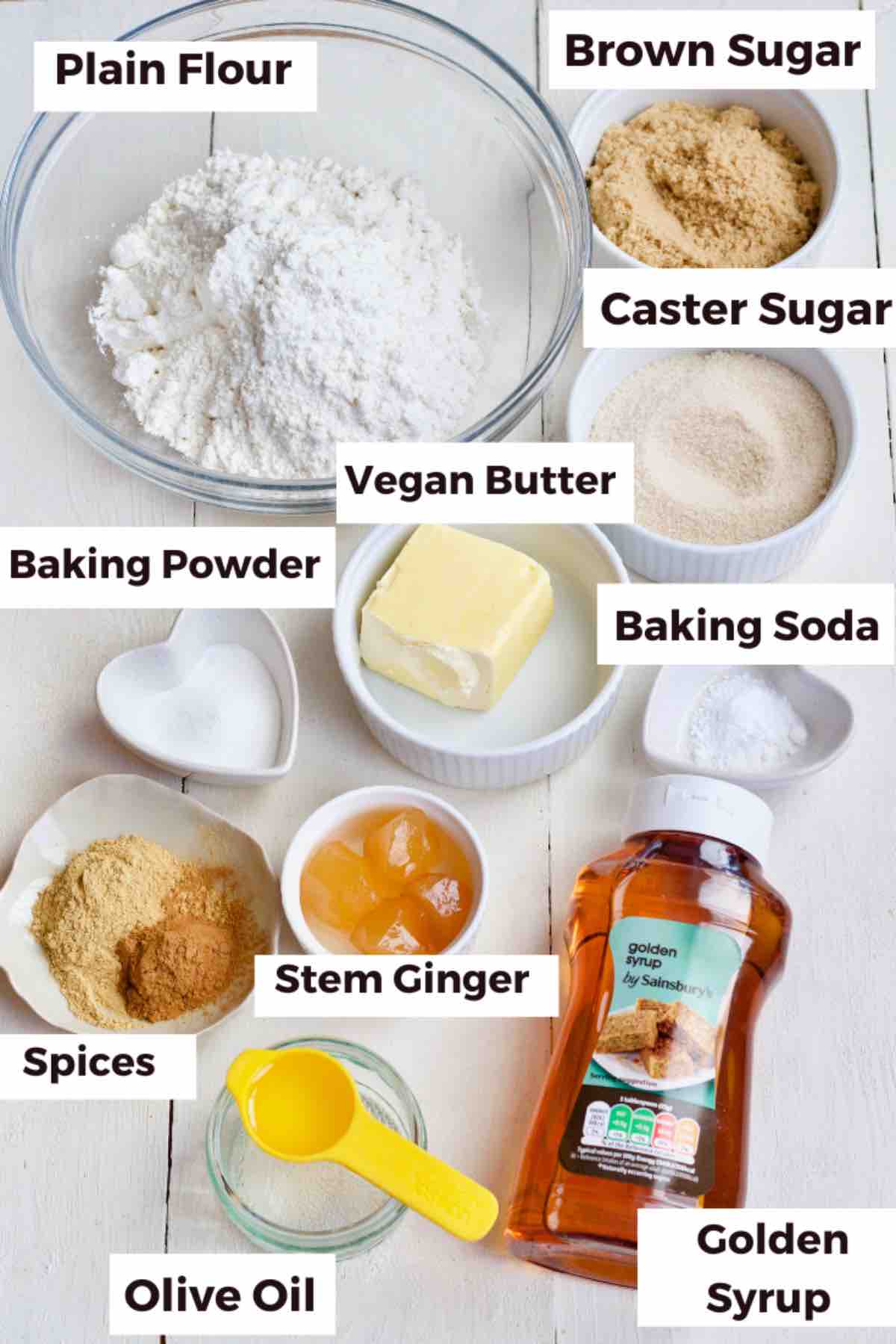 Ingredients for baking ginger biscuits.