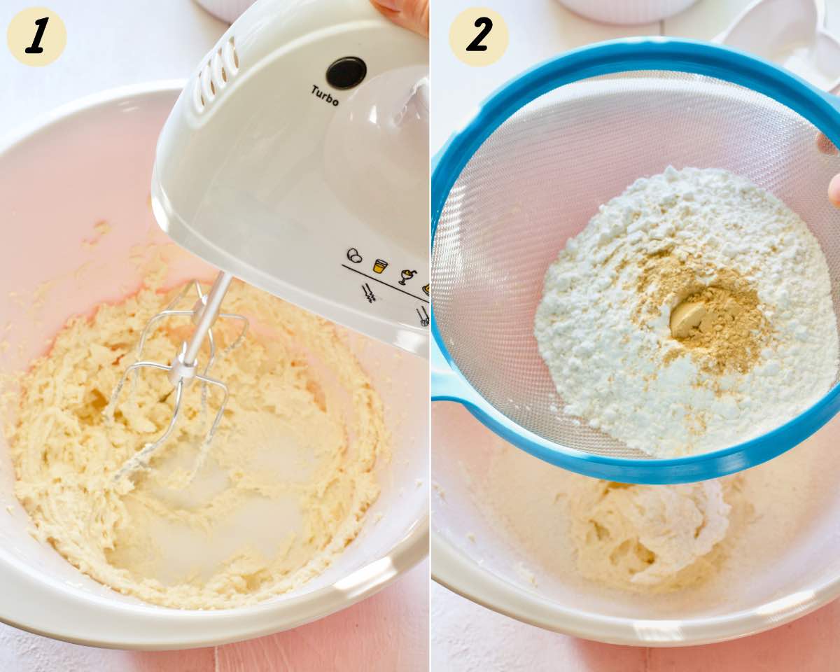Mixing butter and sugar together and sieving dry ingredients into a bowl.