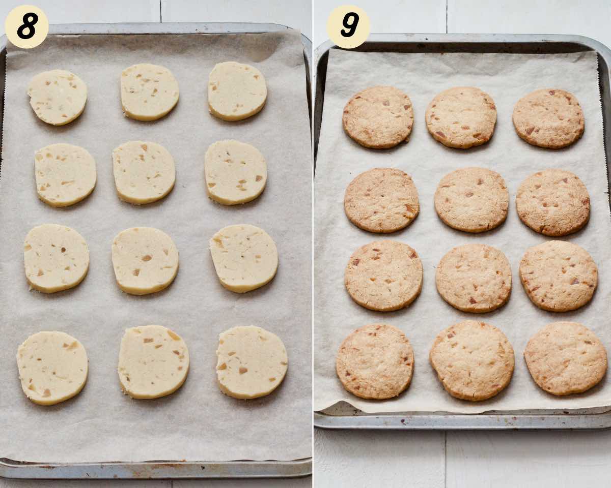 Shortbread cookies on the baking tray before and after baking.