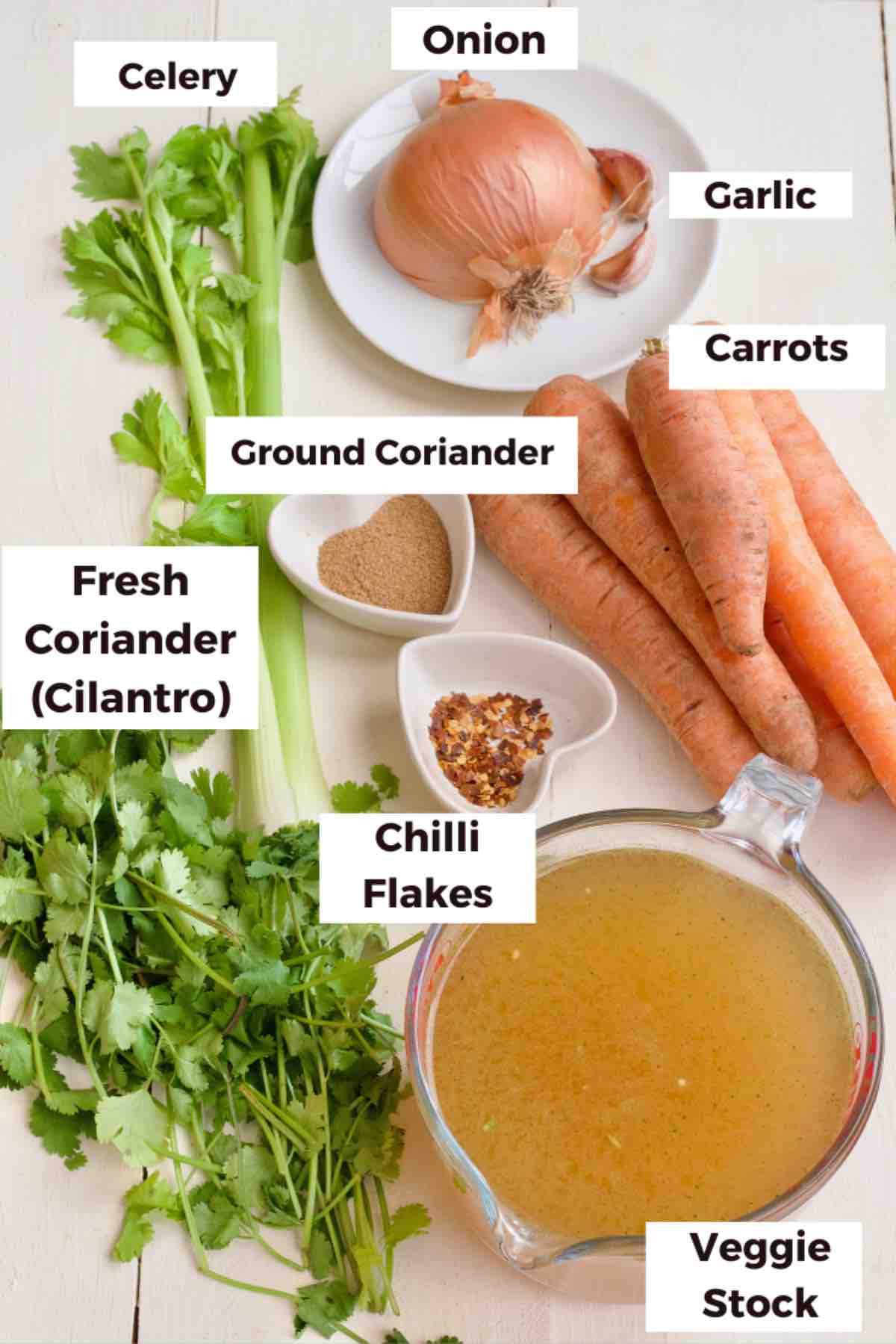 Ingredients for making carrot and coriander soup.