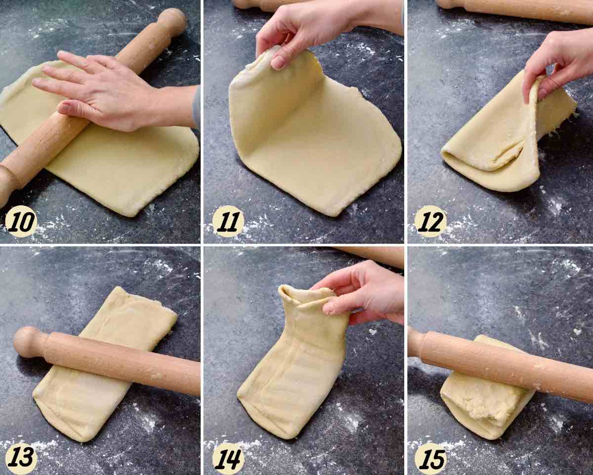 Process of rolling out, folding dough and repeating to make chruściki.