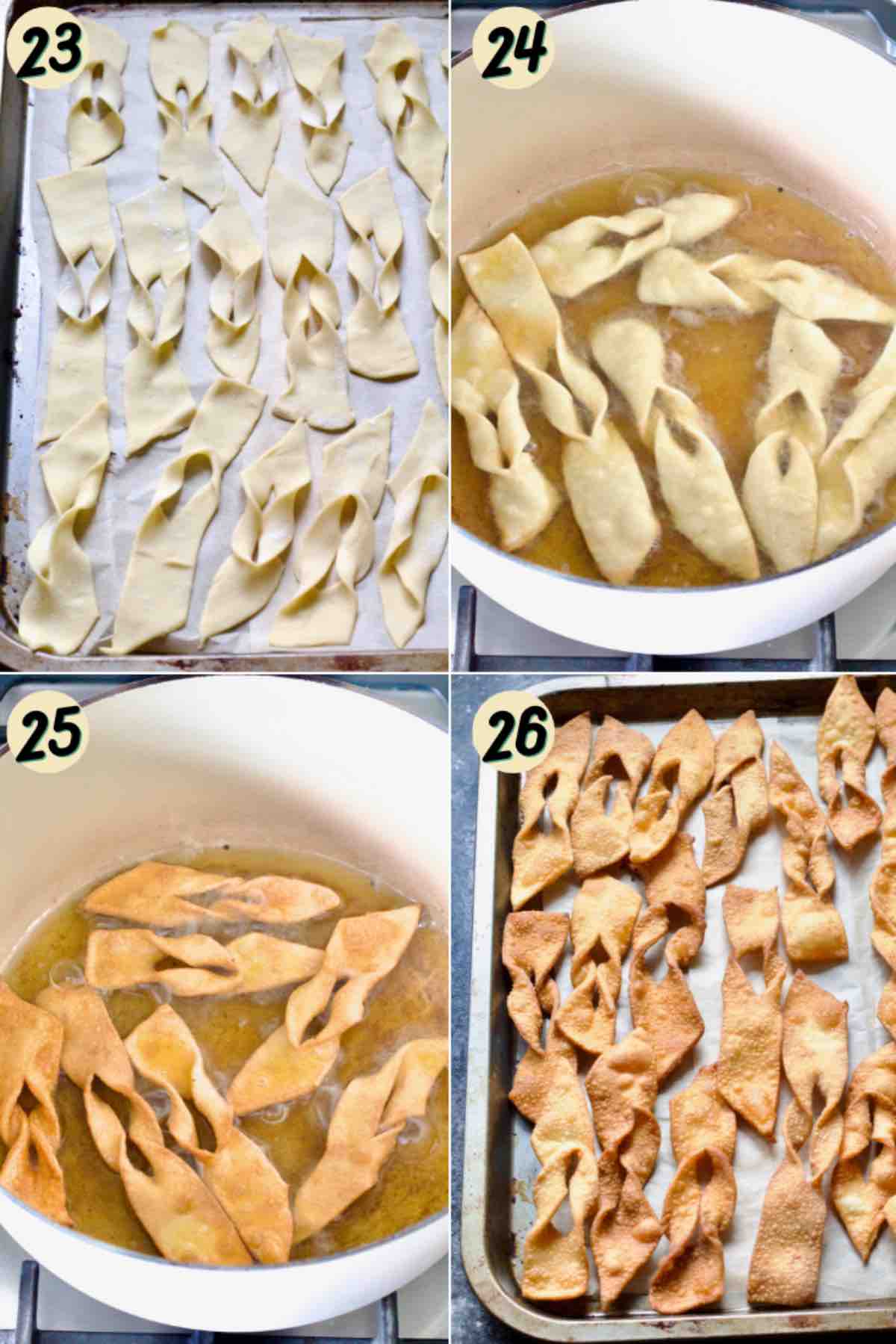 Faworki before, during and after frying.