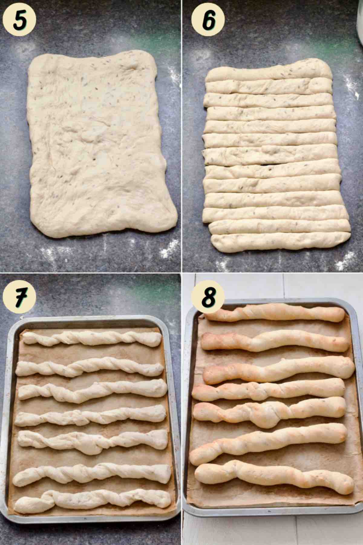 Breadsticks dough, cutting, shaping and baking.