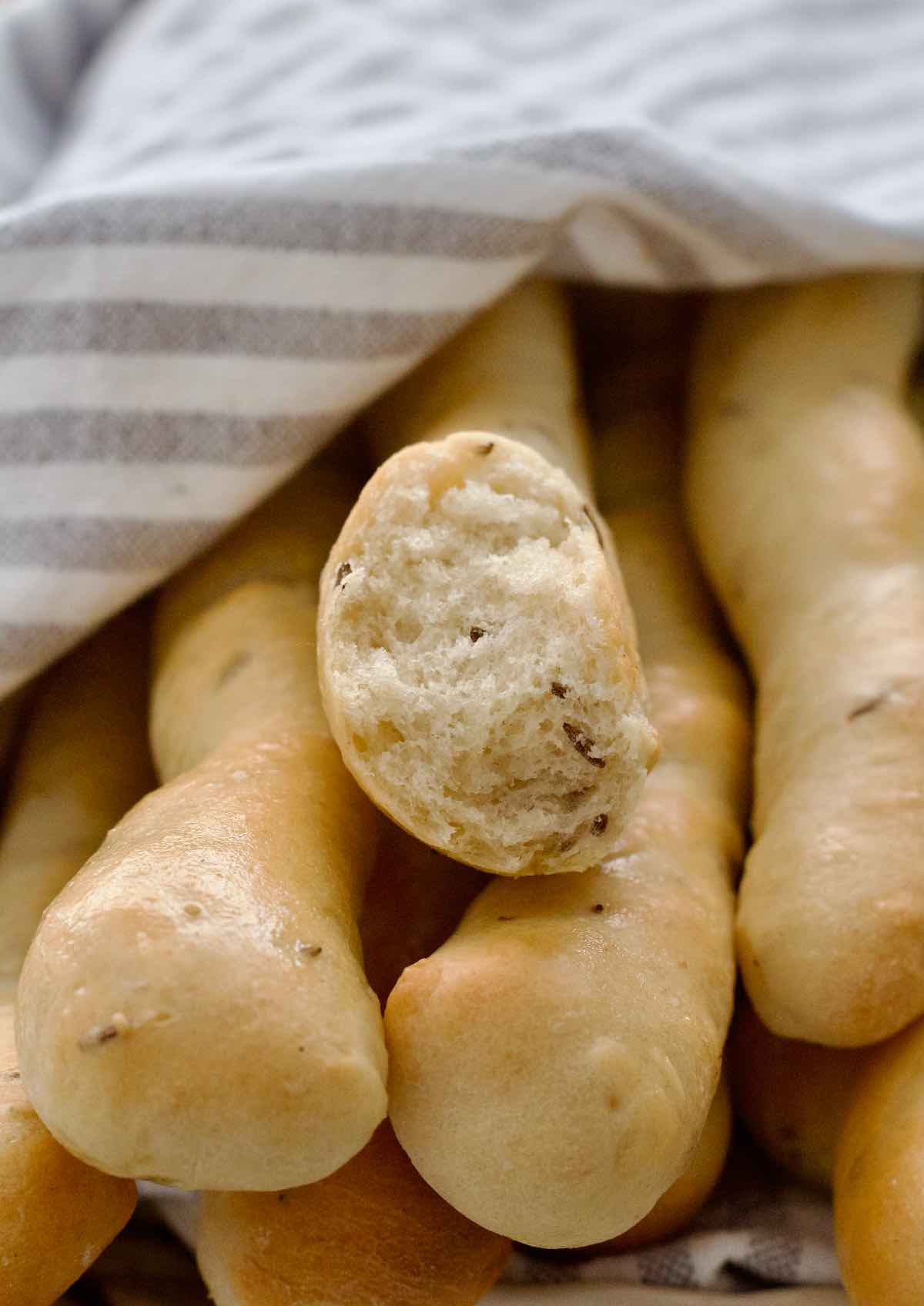 Close up of an inside of a breadstick.