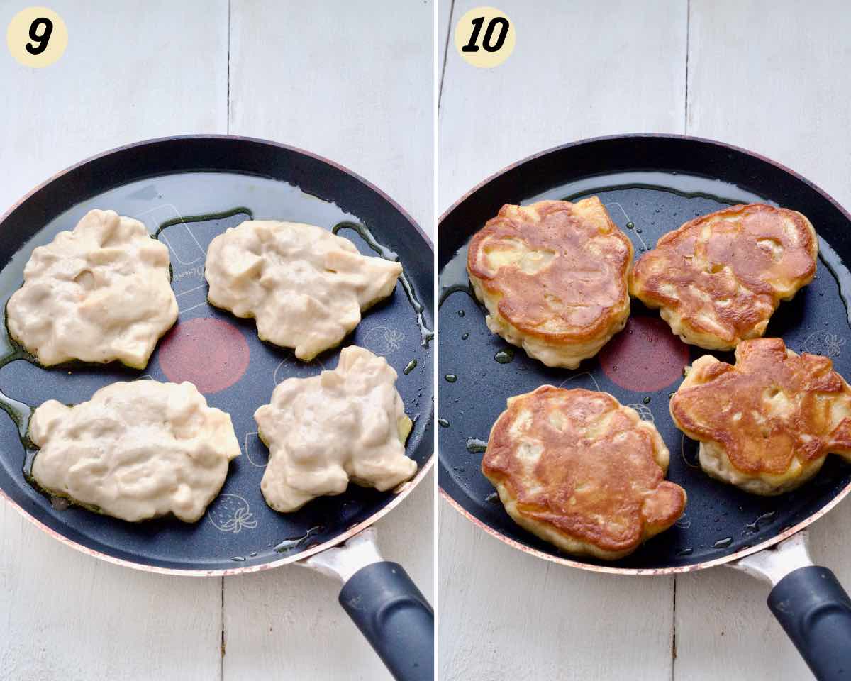 Apple pancakes being fried, before and after flipping.