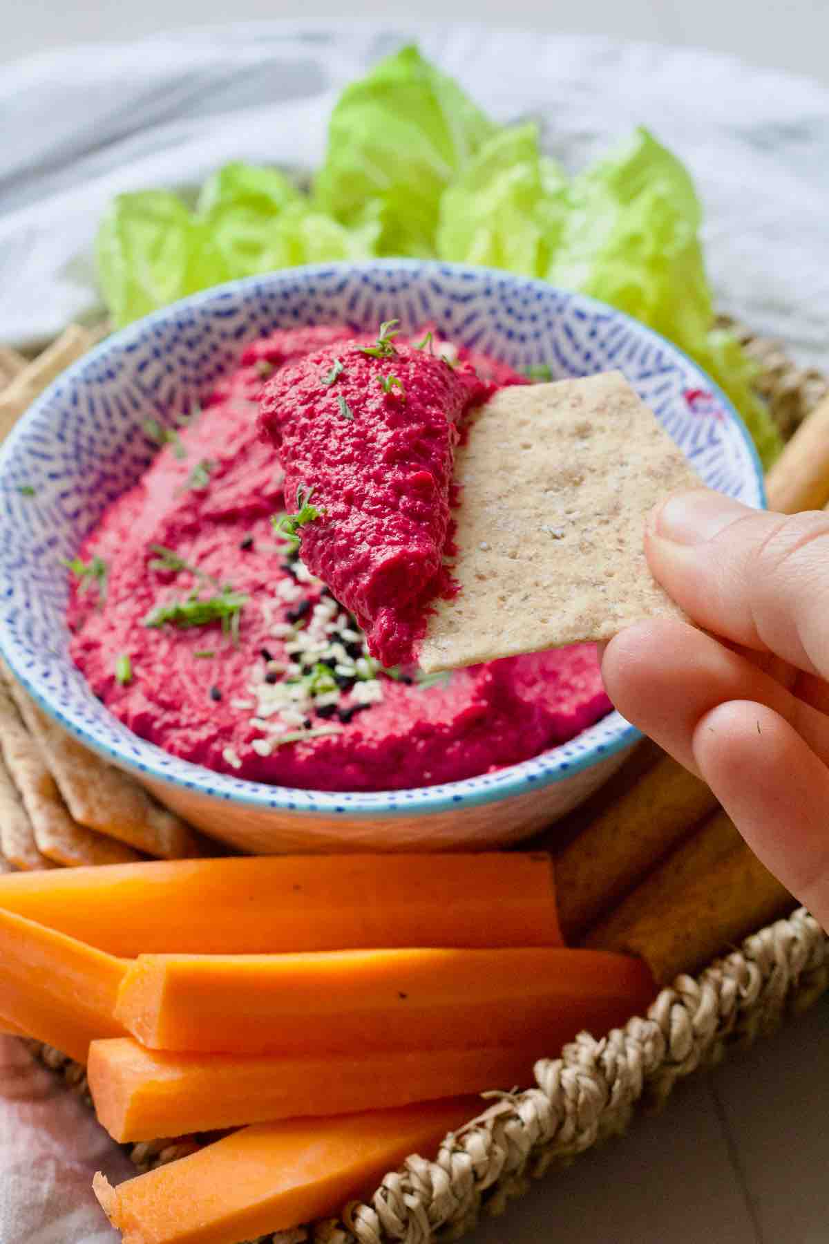 Hand holding a cracker with hummus on it.