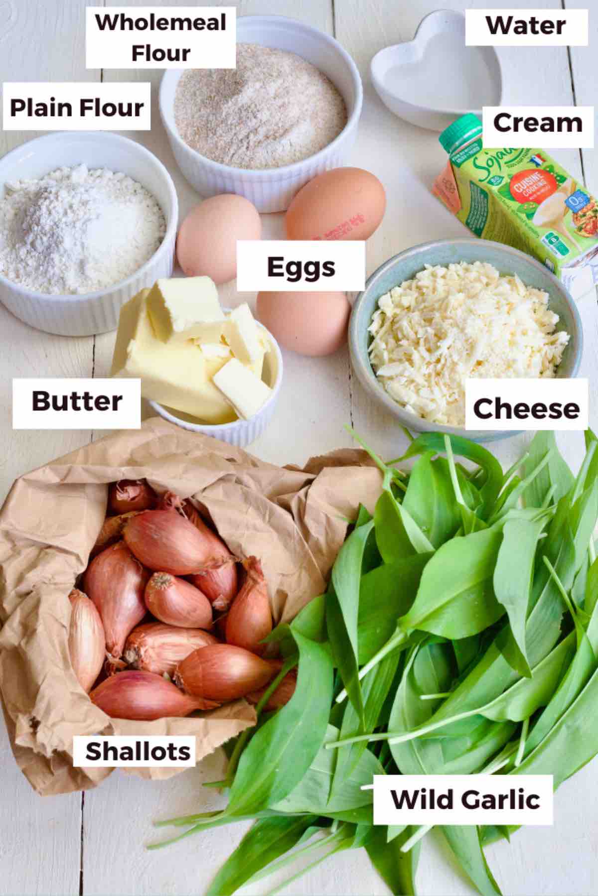 Ingredients for making cheese and onion quiche.