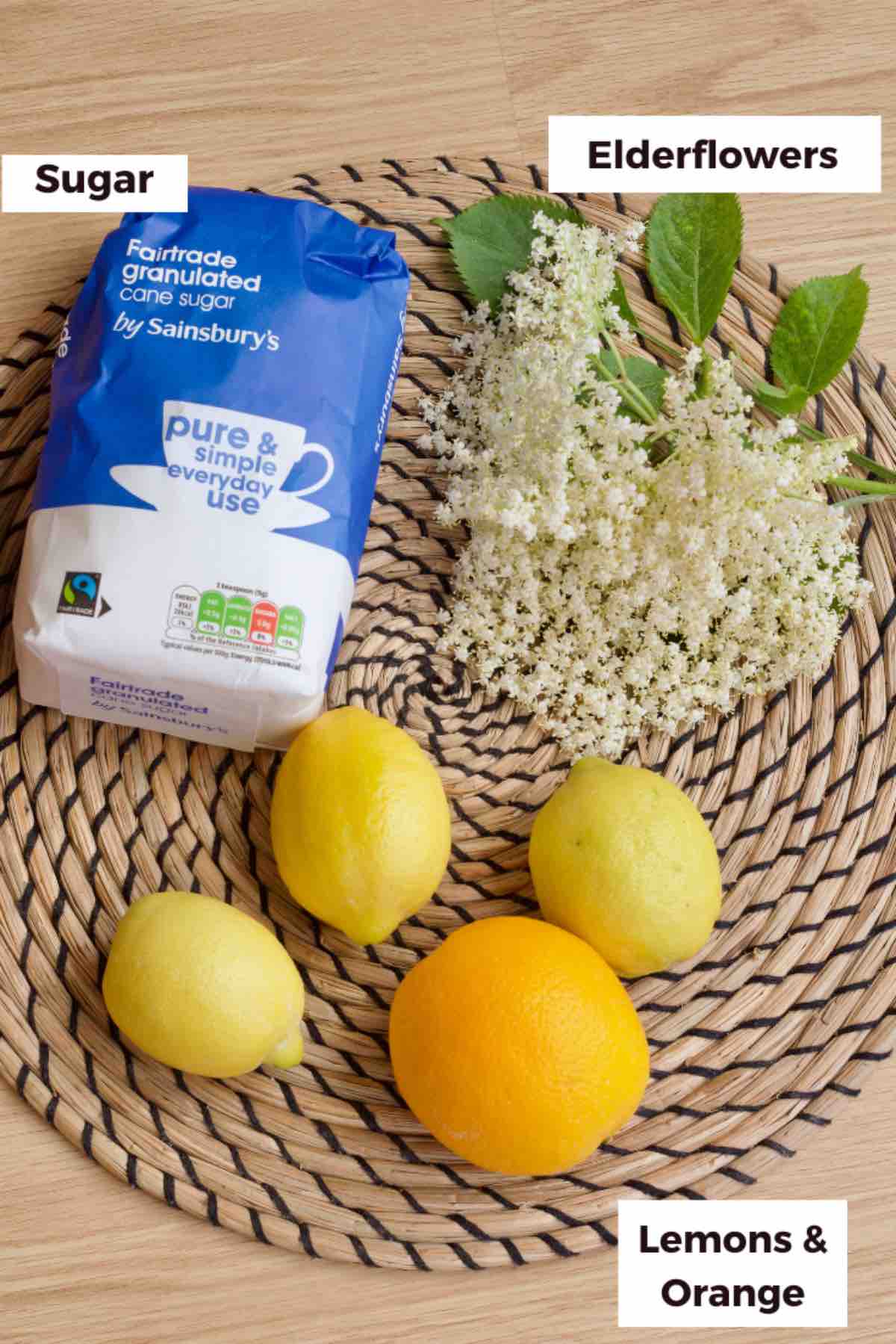 Ingredients for making elderflower syrup.