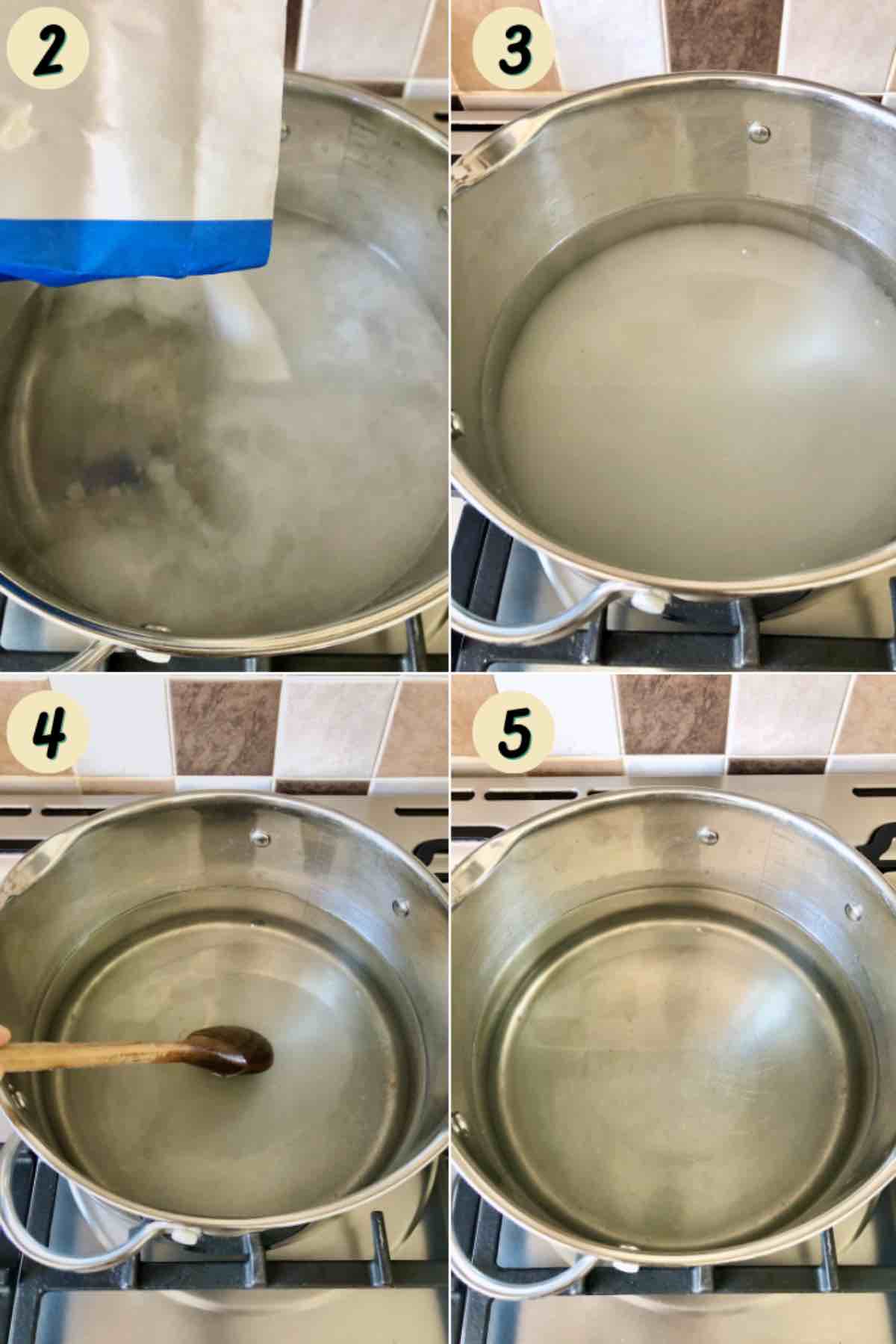 Process of making sugar syrup in a pan on a hob.