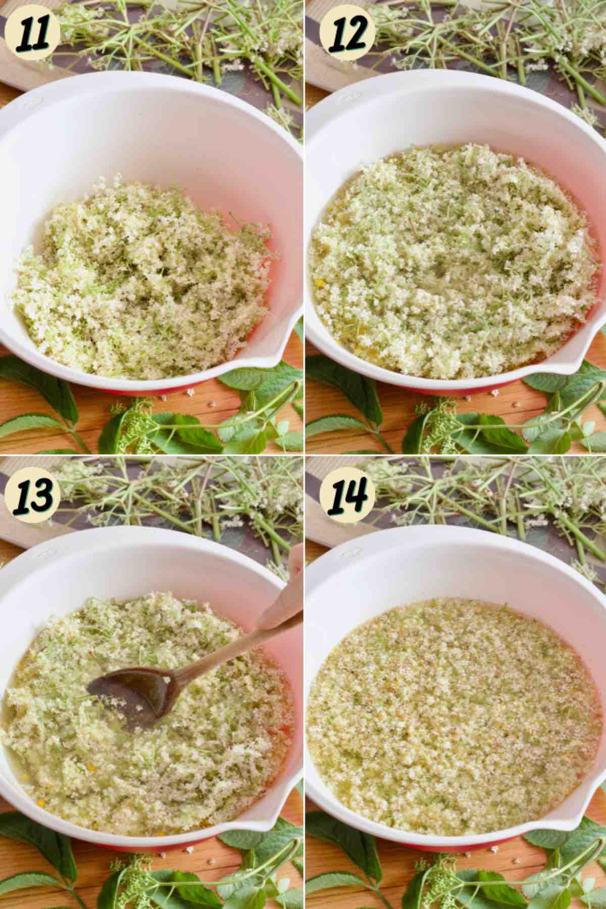 Process of preparing elderflowers for steeping in sugar syrup.