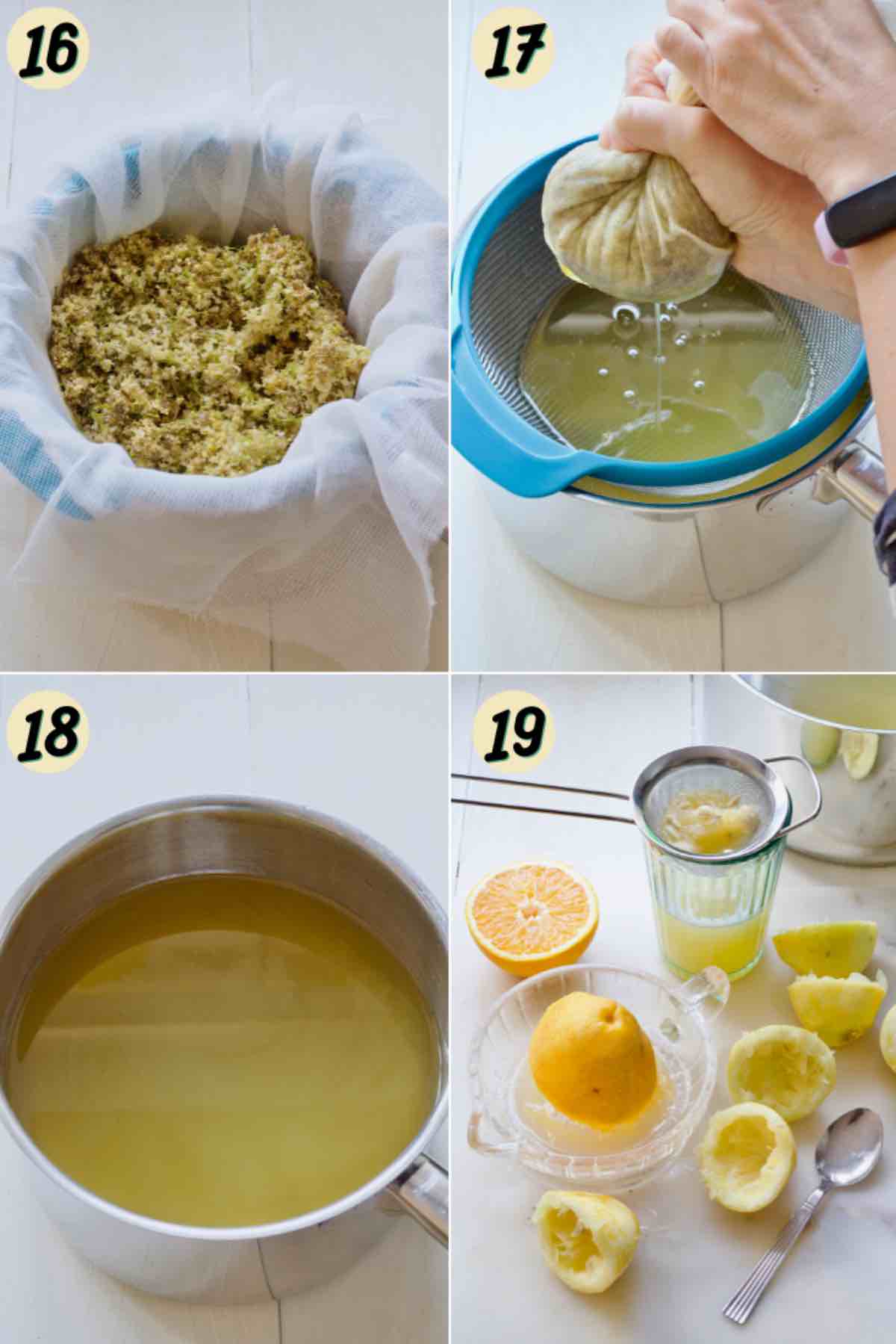 Process of straining elderflower cordial and juicing citrus fruits.