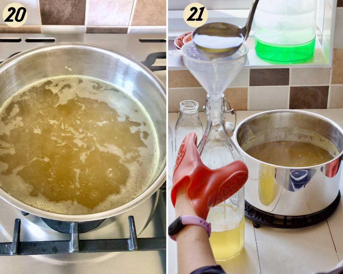 Pan with simmering cordial and bottle being filled with hot syrup.
