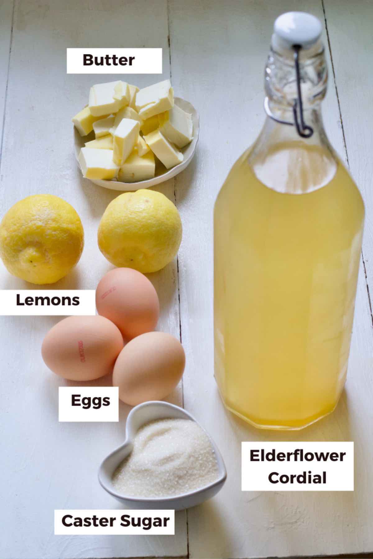 Ingredients for making elderflower curd.