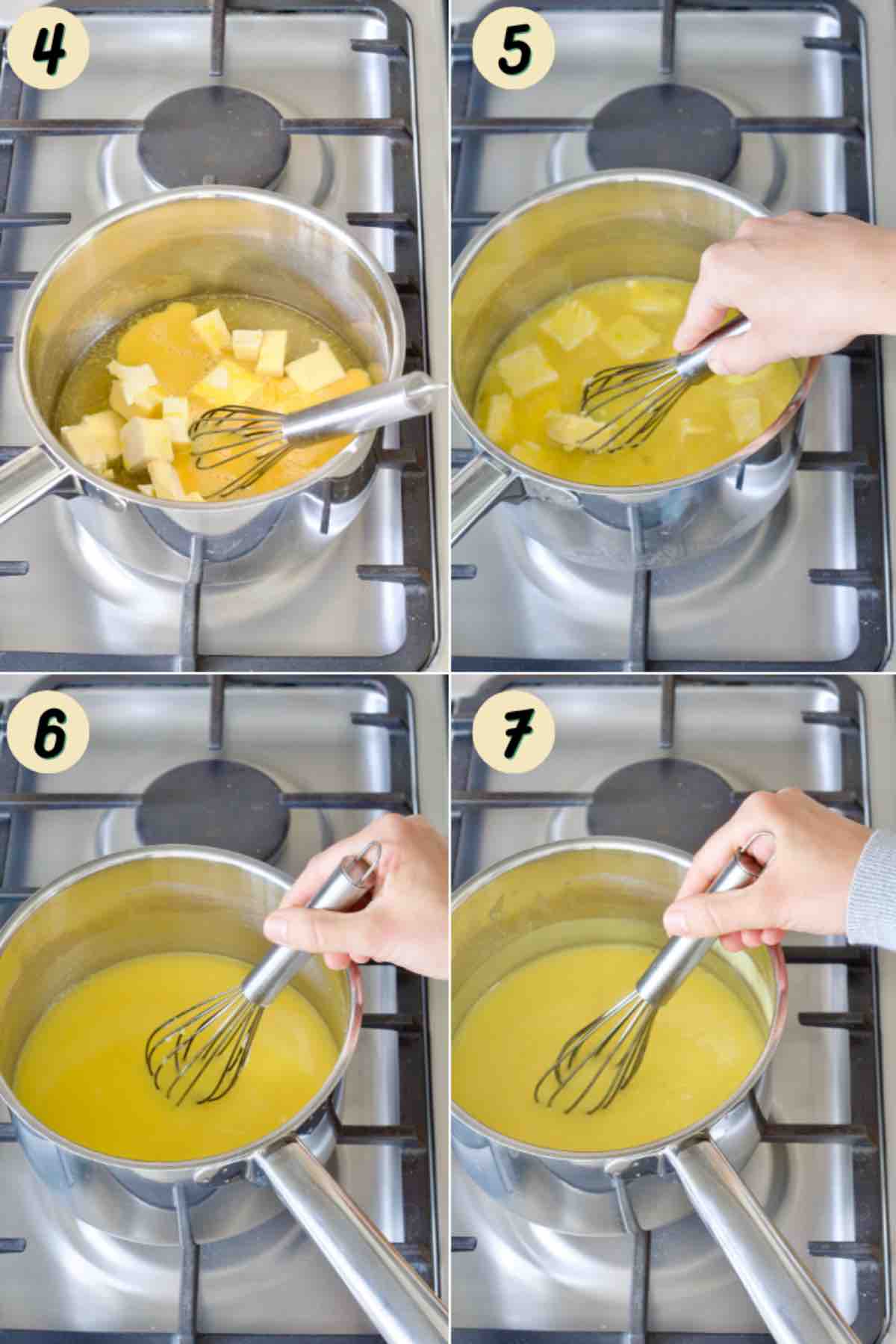 Making curd in a pan on the stove using small whisk.