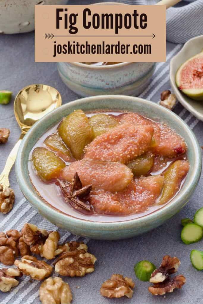 Fig compote in a bowl, spoon and walnuts on the side.