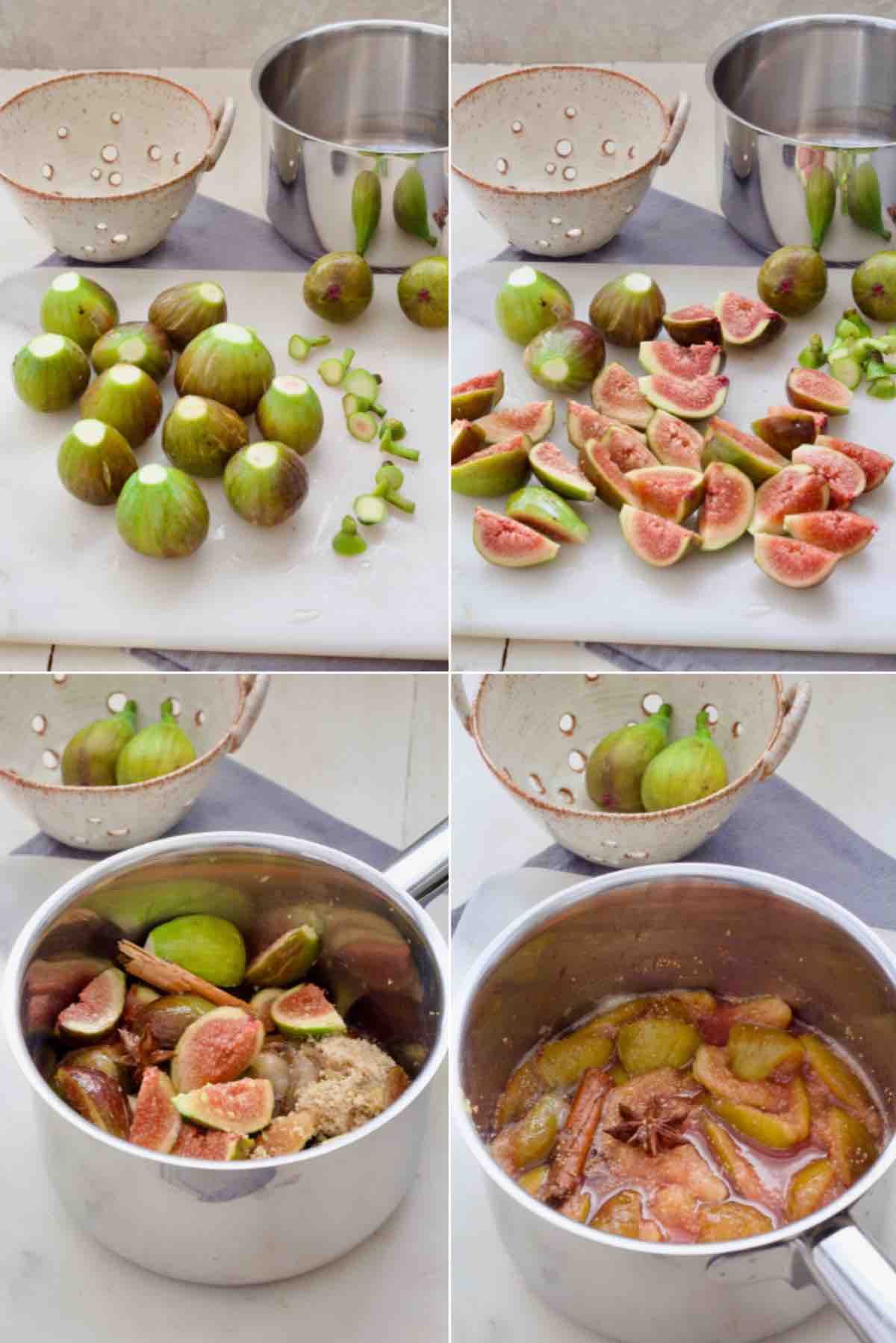Preparing and cutting figs for cooking and making compote in the saucepan.