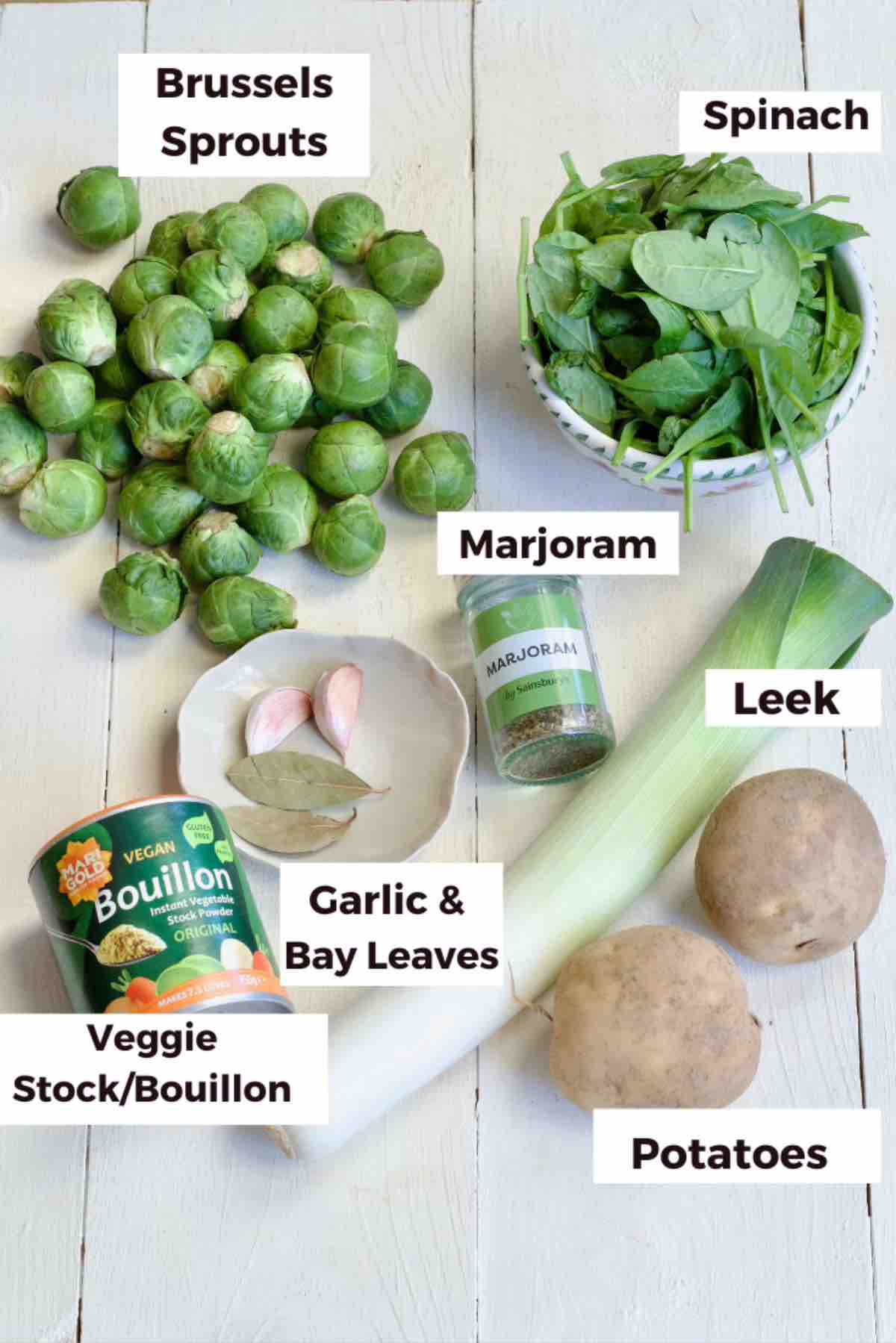 Ingredients for making Brussels sprouts soup.