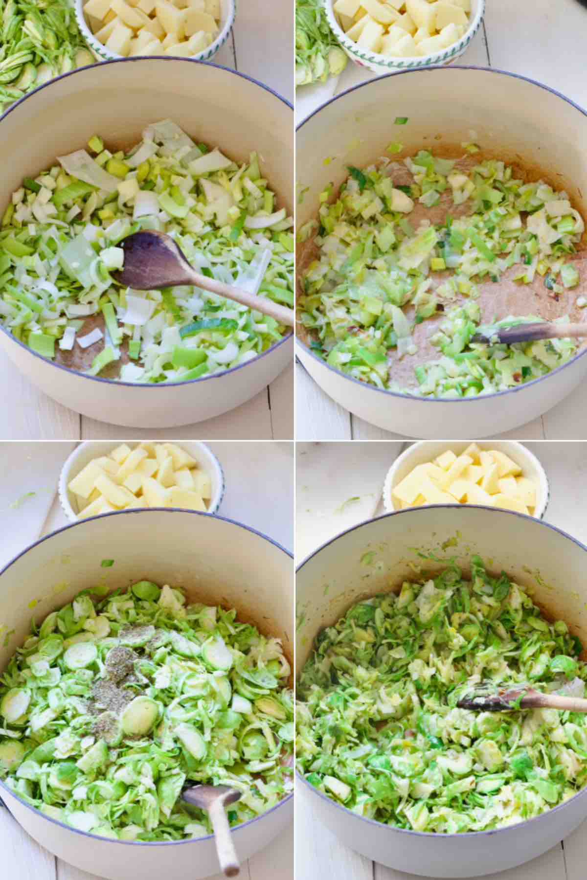 Sautéing leeks, with garlic and shredded sprouts.