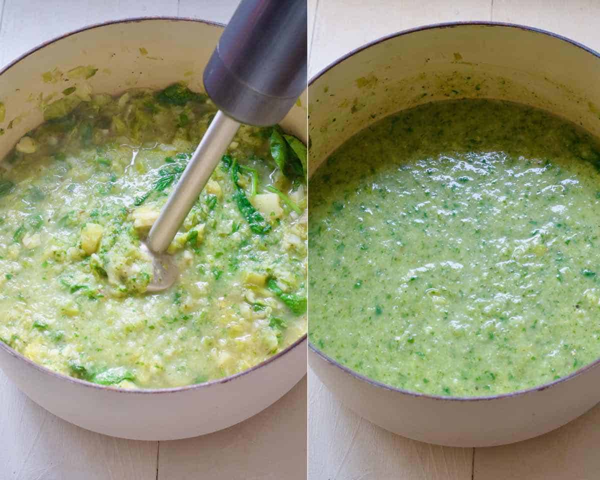 Brussels sprouts soup during and after pureeing.