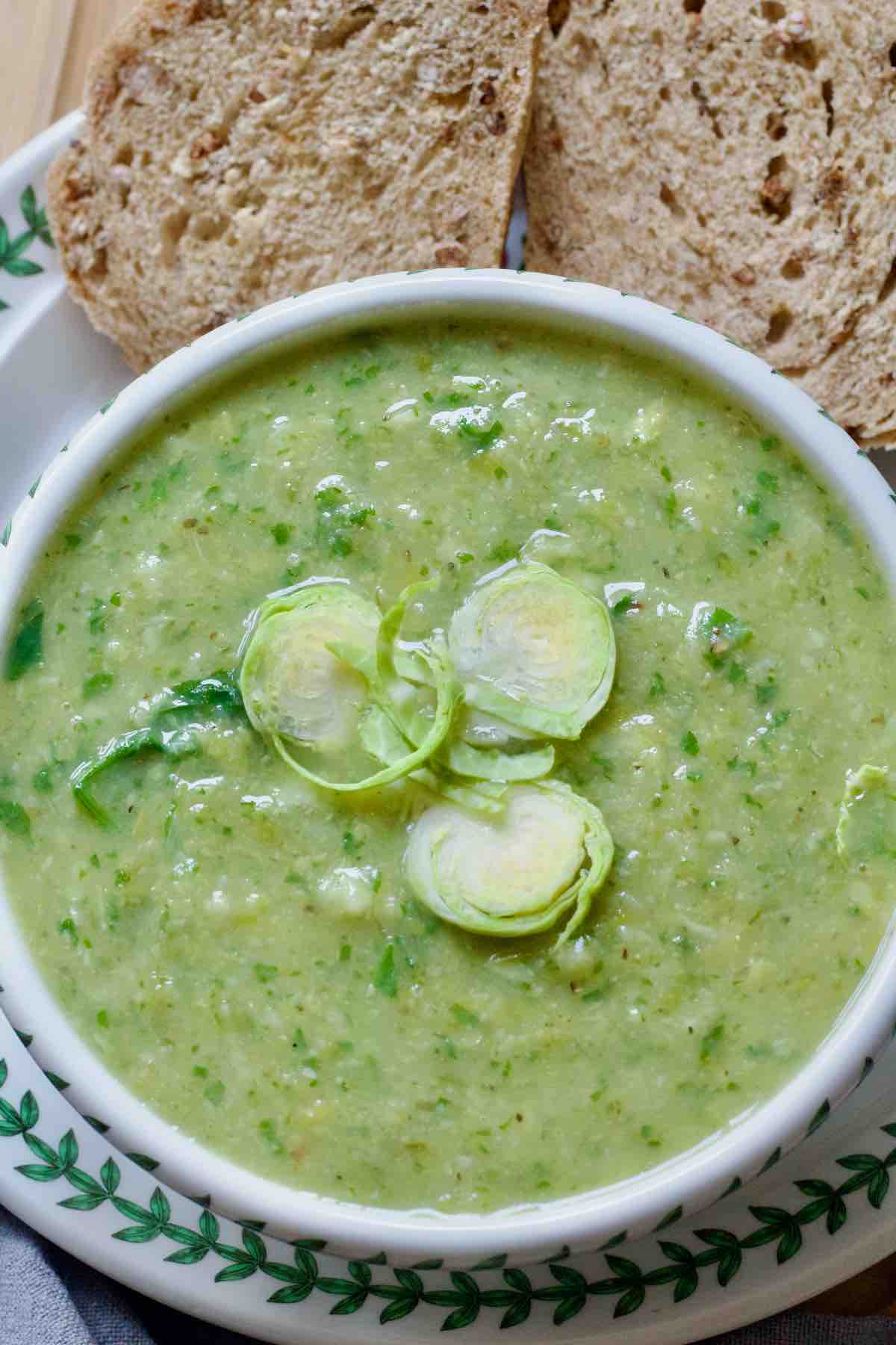 Close up of bowl of Brussels sprouts soup garnished with shredded sprouts.