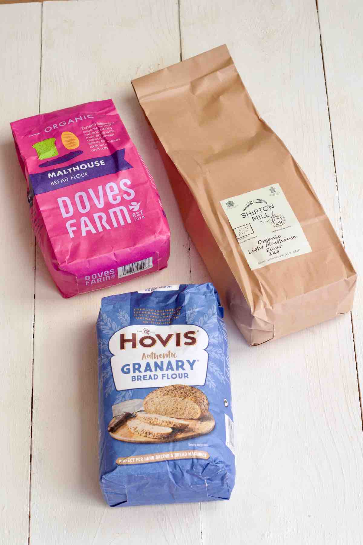 Example of three different types of flour for making granary bread.