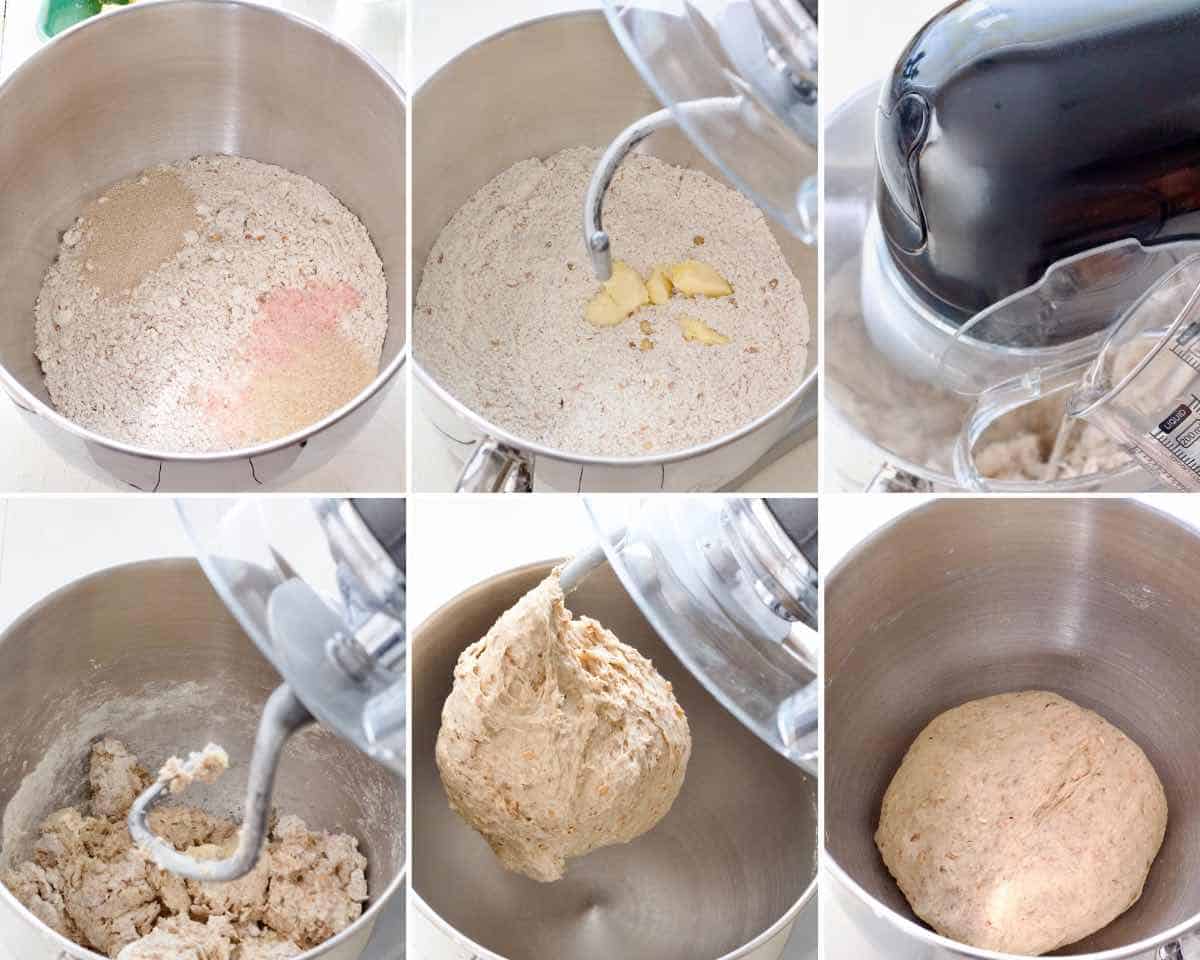 Process of mixing and kneading greenery bread dough in a standing mixer.